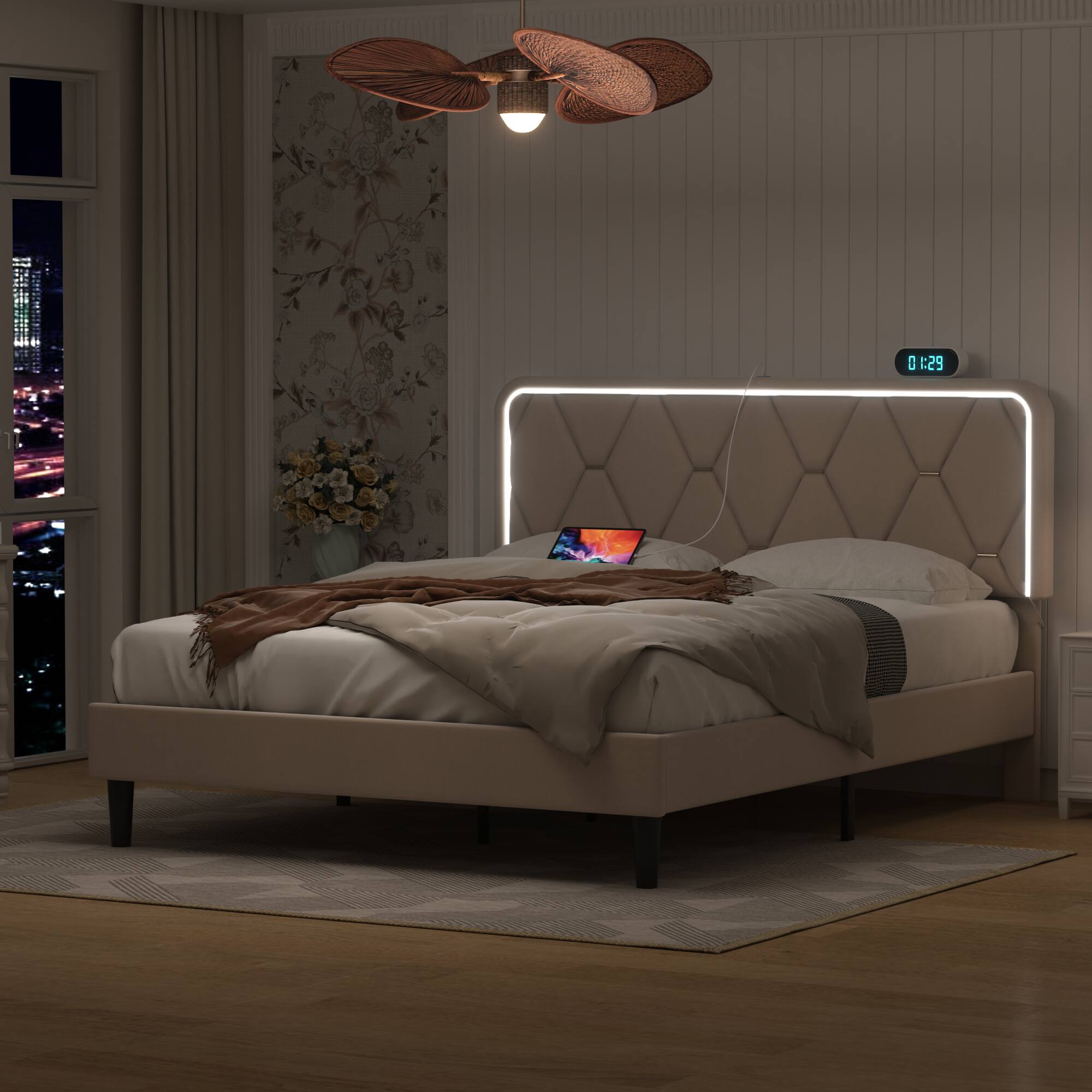 Alt View 4. Vecelo - Queen LED Bed Frame with RGB Headboard - Velvet Upholstered, Charging Station, Noise-Free Assembly, 800lb Capacity - Beige.