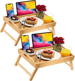 Home It - Bamboo Bed Tray with Folding Legs, Device Holder and Handles – Breakfast Tray for Eating, Laptop Desk for Bed or Couch - BEIGE