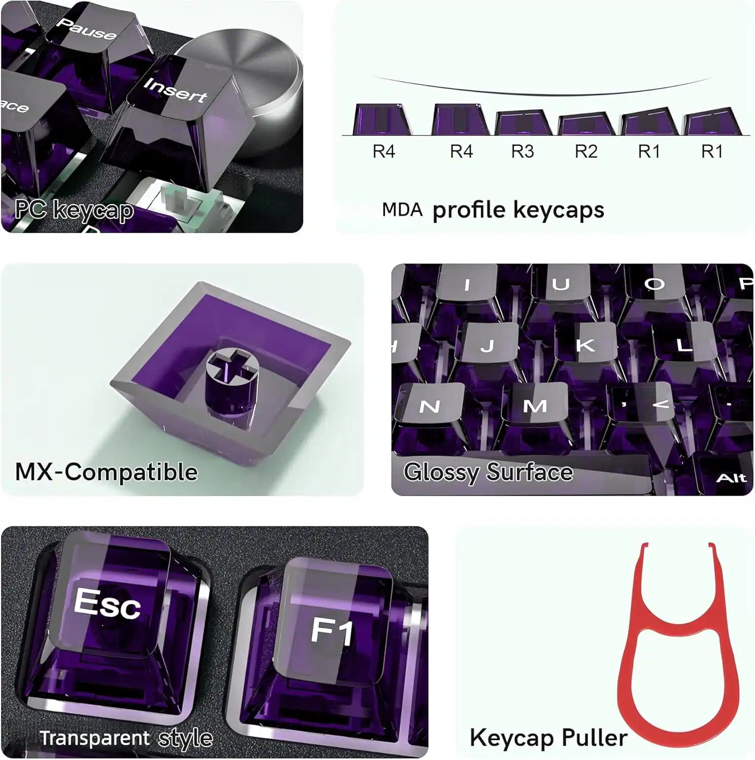 Pause ace Insert R4 R4 R3 R2 R1 R1 PC keycap MDA profile keycaps - U O F H J K L N M V MX-Compatible Glossy Surface Alt Esc F1 Transparent style Keycap Puller