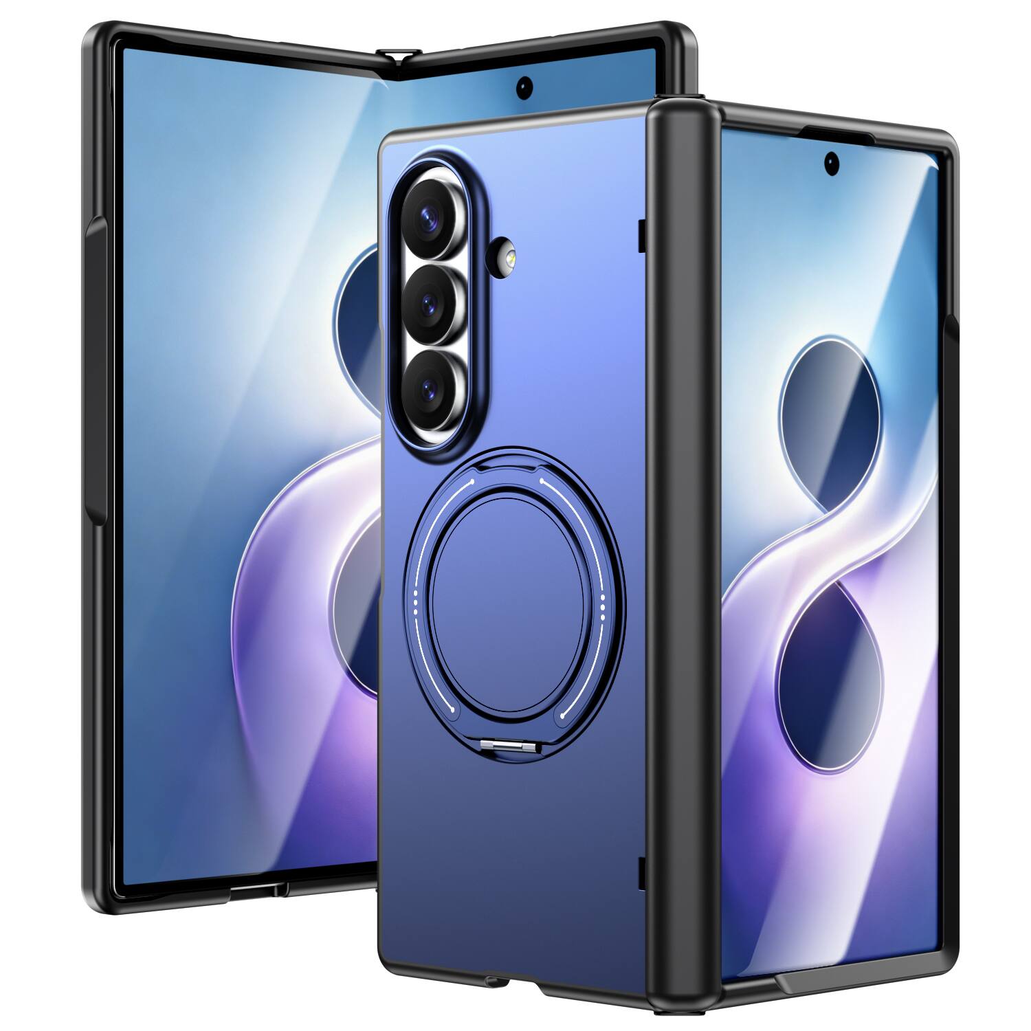 Angle. Dteck - Shockproof Phone Case for Samsung Galaxy Z Fold8 Ultra with Ring Kickstand Hinge Guard, Rugged Magnetic Protective Cover - Blue.