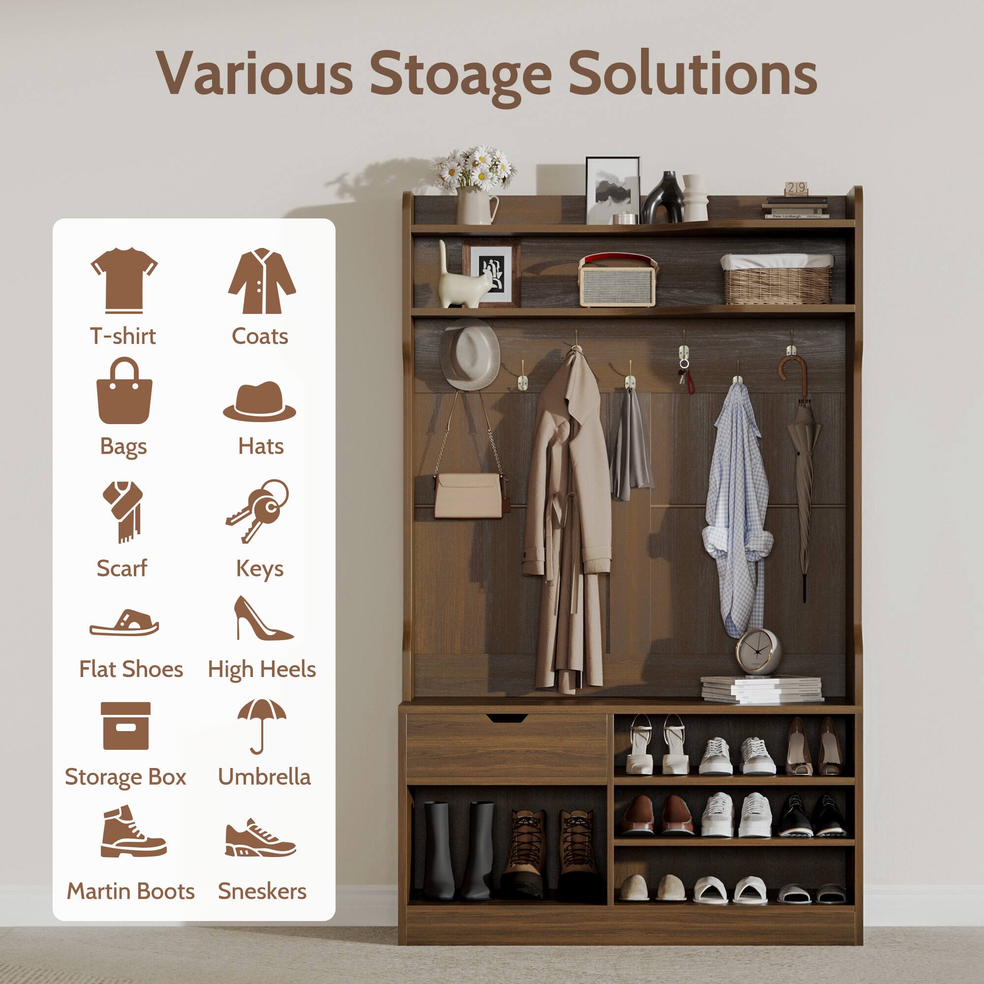 Various Storage Solutions

- T-shirt
- Coats
- Bags
- Hats
- Scarf
- Keys
- Flat Shoes
- High Heels
- Storage Box
- Umbrella
- Martin Boots
- Sneakers