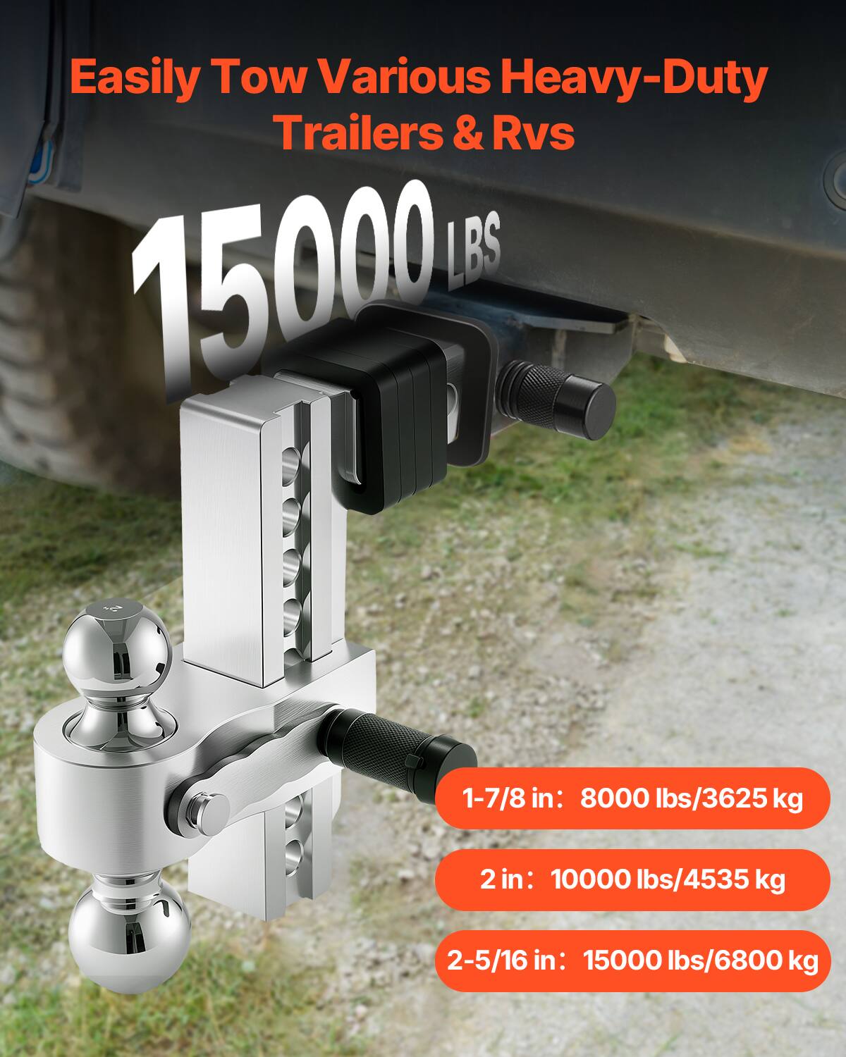 Easily Tow Various Heavy-Duty Trailers & RVs

15000 LBS

1-7/8 in: 8000 lbs/3625 kg

2 in: 10000 lbs/4535 kg

2-5/16 in: 15000 lbs/6800 kg