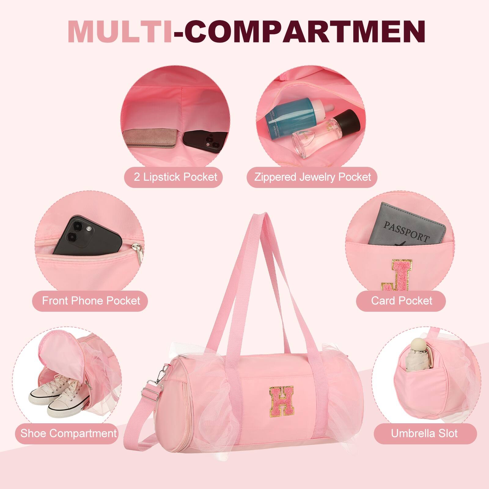 MULTI-COMPARTMENT

2 Lipstick Pocket
Zippered Jewelry Pocket
Front Phone Pocket
PASSPORT J Card Pocket
Shoe Compartment
Umbrella Slot