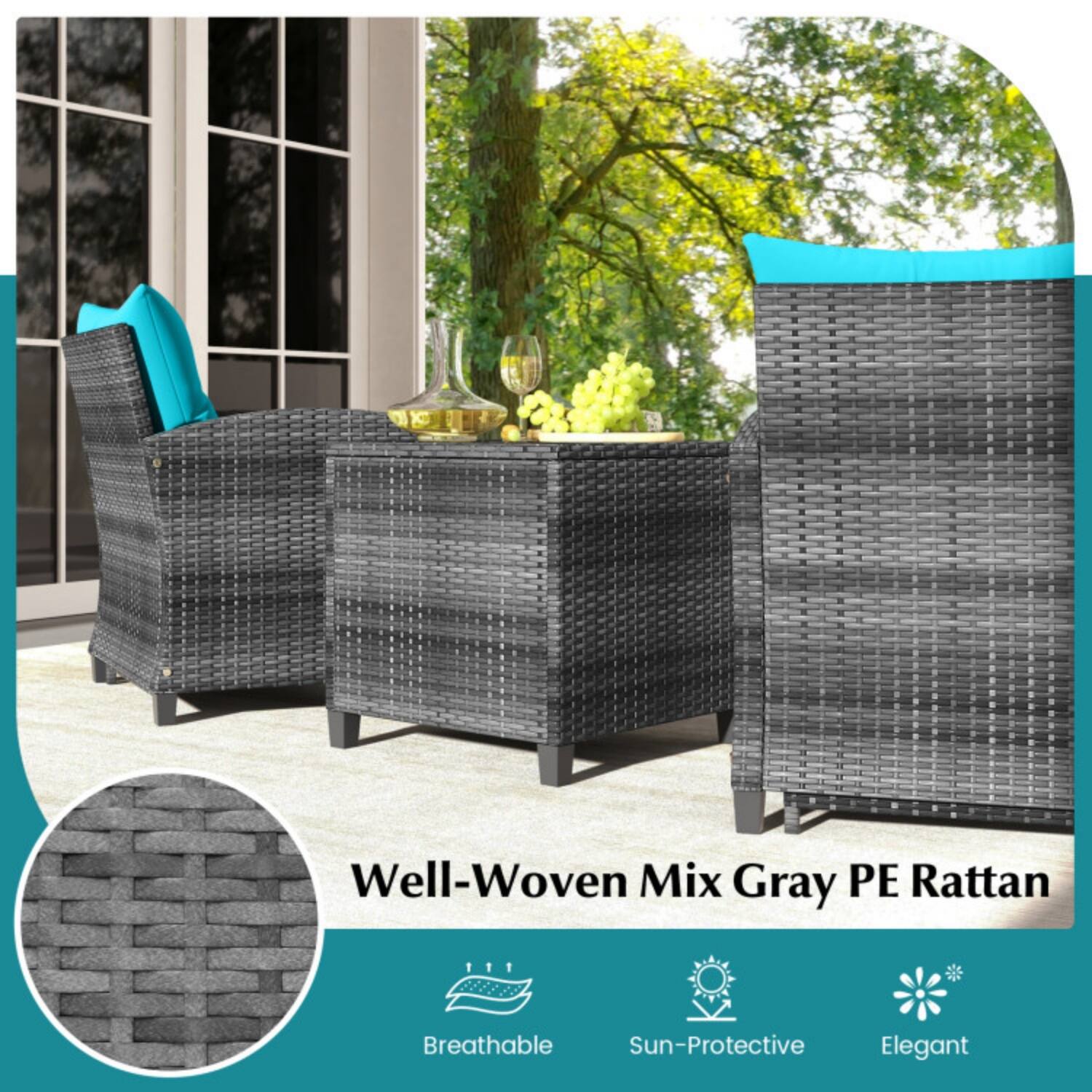 Well-Woven Mix Gray PE Rattan  
Breathable  
Sun-Protective  
Elegant