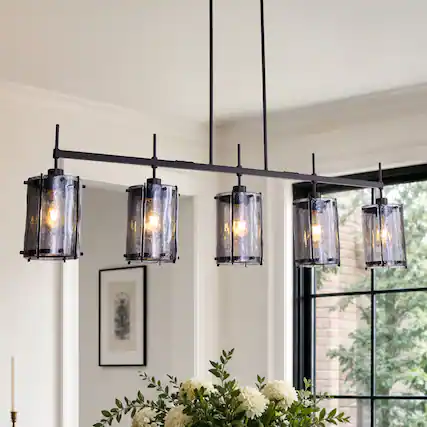 Front. Siljoy - 52 In Modern Black 5 Light Smoke Glass Linear Pendant Light Adjustable Rod for Dining Room Kitchen Island Foyer - Black.