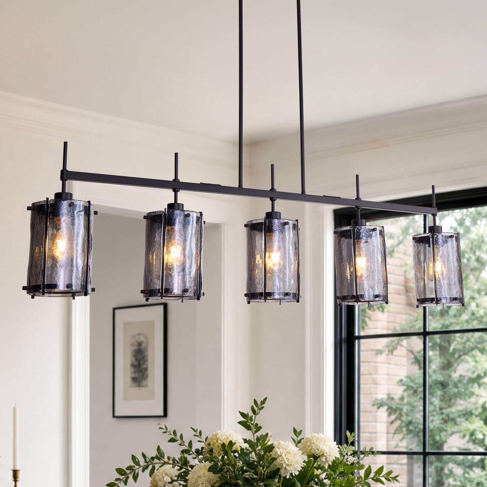 Front. Siljoy - 52 In Modern Black 5 Light Smoke Glass Linear Pendant Light Adjustable Rod for Dining Room Kitchen Island Foyer - Black.