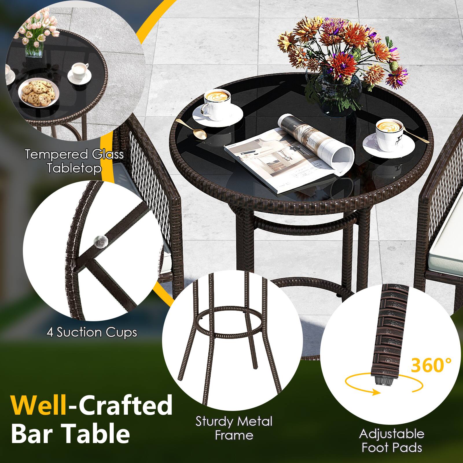 - Tempered Glass Tabletop
- 4 Suction Cups
- Well-Crafted Bar Table
- Sturdy Metal Frame
- Adjustable Foot Pads
- 360°