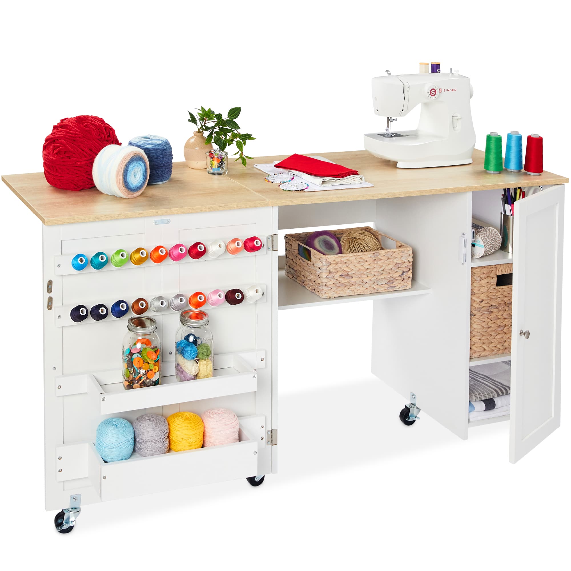 Best Choice Products - Large Portable Multipurpose Folding Sewing Table w/ Magnetic Doors, Craft Storage - Natural/White