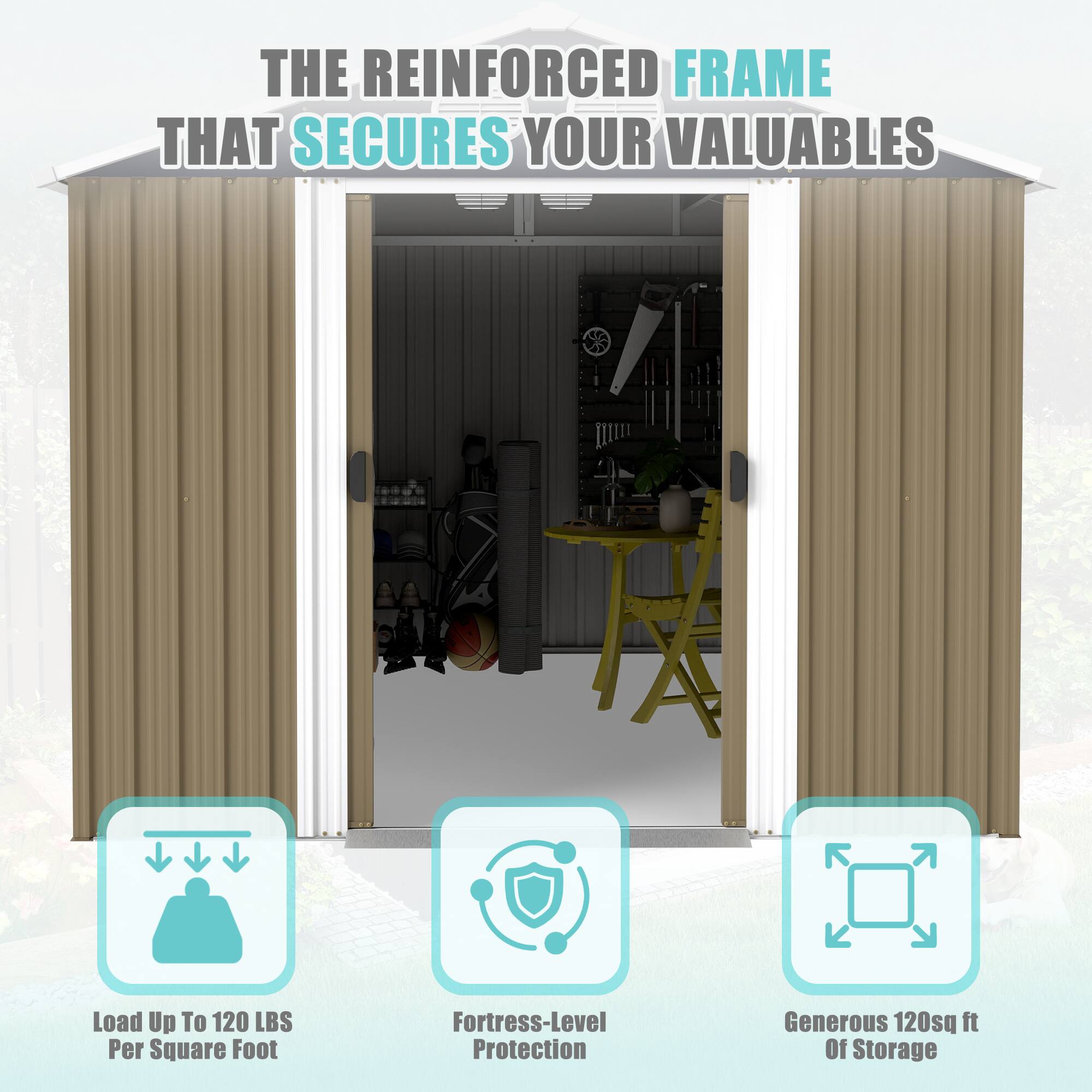 The reinforced frame that secures your valuables:

- Load up to 120 lbs per square foot
- Fortress-level protection
- Generous 120 sq ft of storage