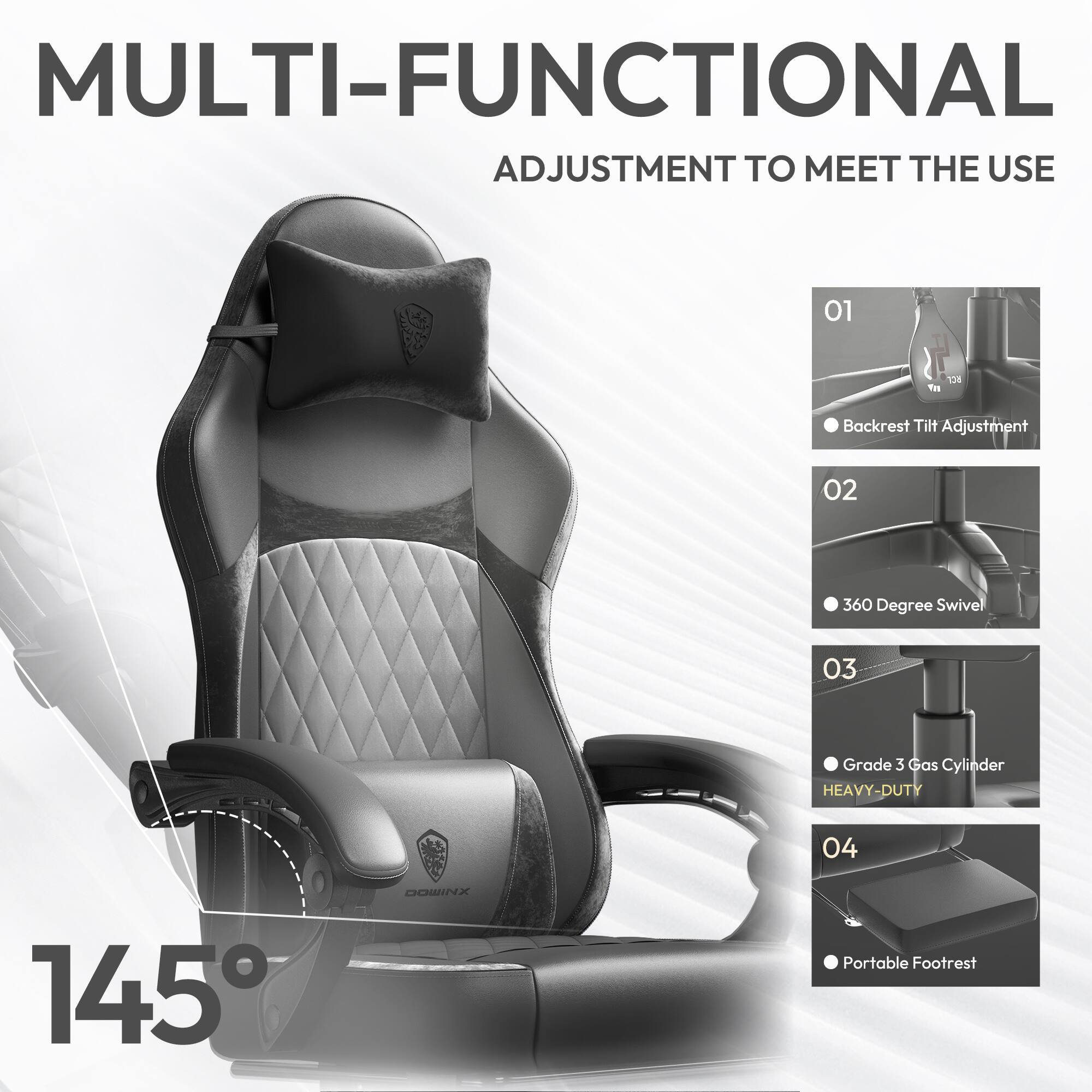 MULTI-FUNCTIONAL  
ADJUSTMENT TO MEET THE USE  

01 Backrest Tilt Adjustment  
02 360 Degree Swivel  
03 Grade 3 Gas Cylinder HEAVY-DUTY  
04 Portable Footrest  

145°