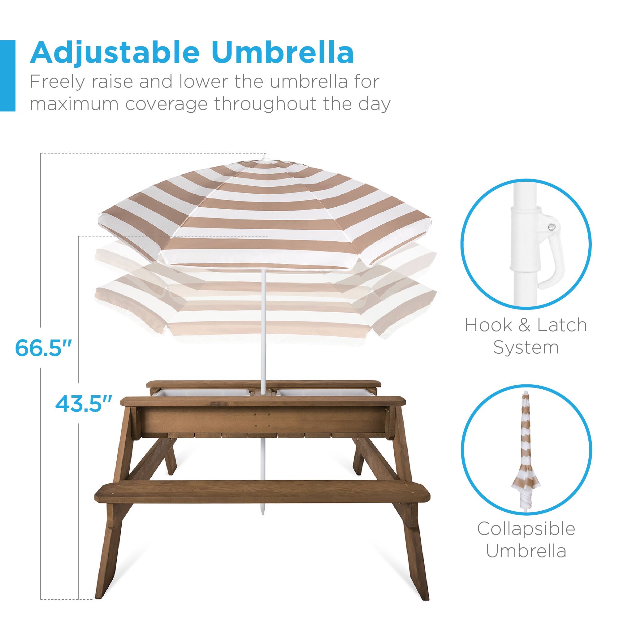 Adjustable Umbrella  
Freely raise and lower the umbrella for maximum coverage throughout the day  

66.5"  
43.5"  

Hook & Latch System  
Collapsible Umbrella