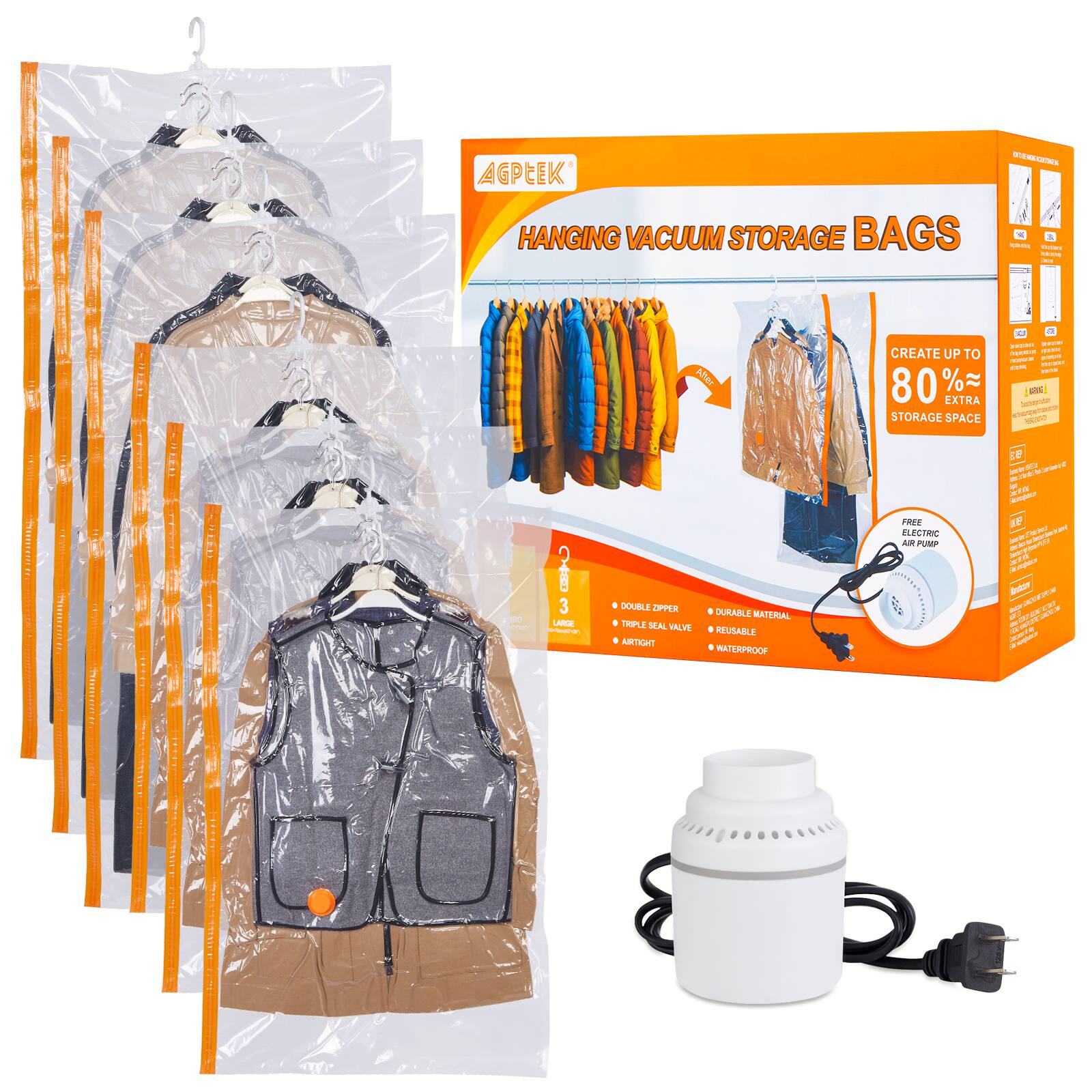AGPEEK 1 - LEL HANGING VACUUM STORAGE BAGS X 3

- DOUBLE ZIPPER
- TRIPLE SEAL VALVE
- DURABLE MATERIAL
- REUSABLE
- WATERPROOF

CREATE UP TO 80% EXTRA STORAGE SPACE

FREE ELECTRIC PUMP

- LARGE
- DURABLE MATERIAL
- REUSABLE
- WATERPROOF