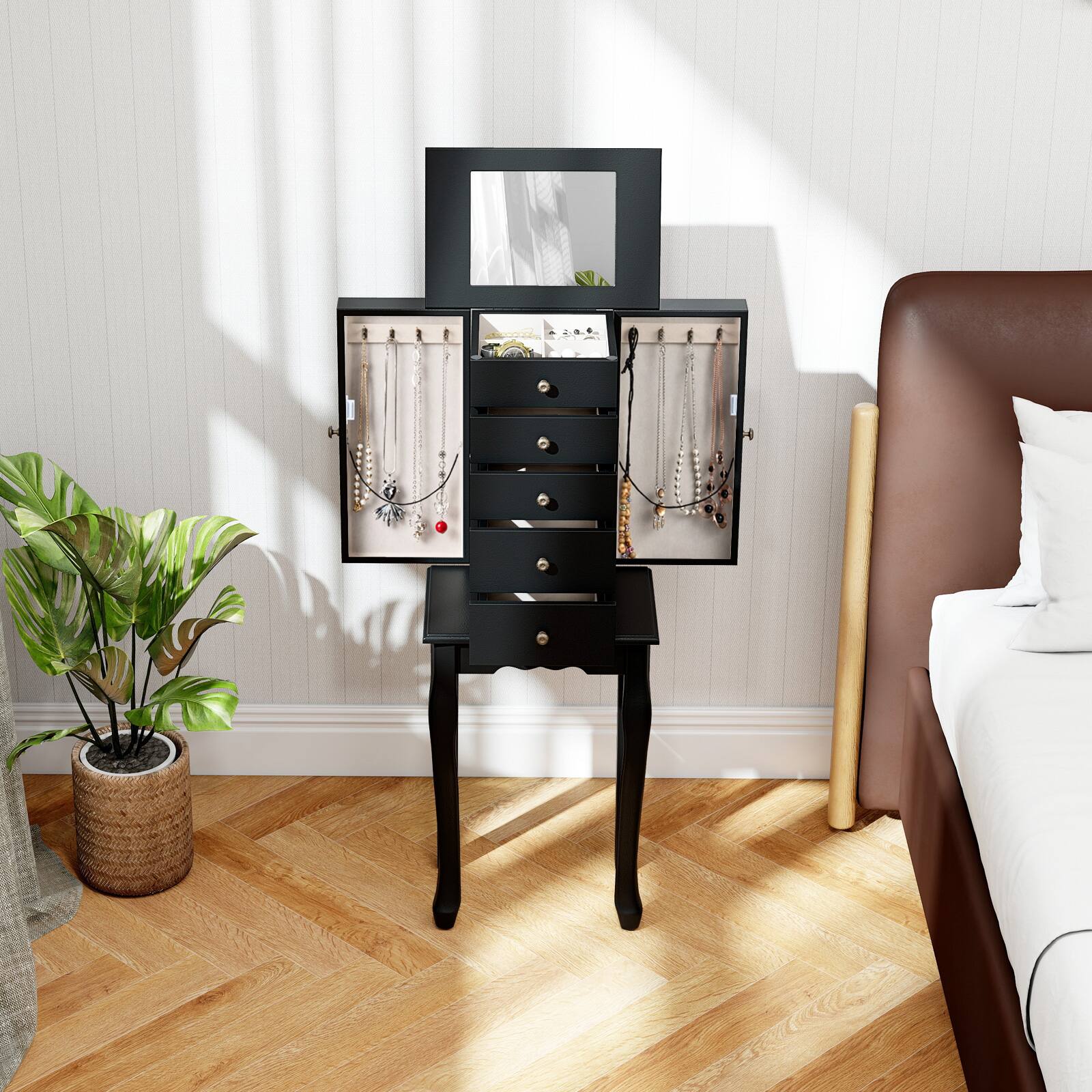 Alt View 3. Gymax - Gymax Mirrored Armoire Jewelry Cabinet Free Standing Organizer Storage Box Chest Black - Black.