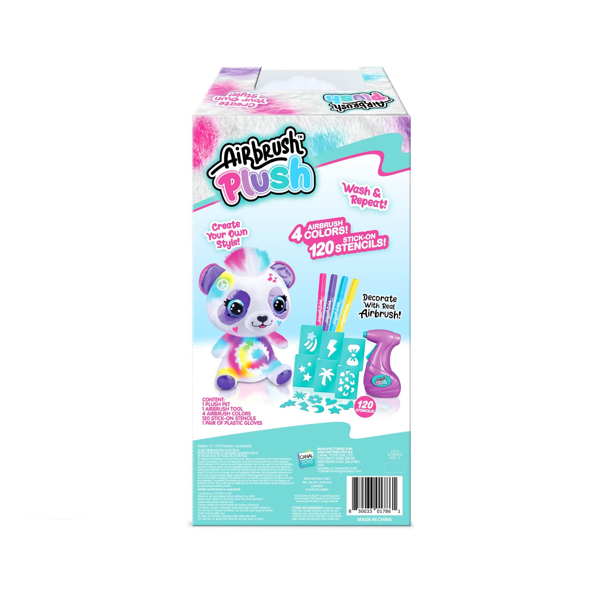 Airbrush Plush  
Create Your Own Style!  
4 Colors!  
120 Stencils!  
Wash & Repeat!  
Decorate With Real Airbrush!  

Contents:  
1 Airbrush Tool  
4 Airbrush Colors  
120 Stick-On Stencils  
1 Pair of Plastic Gloves  

Made in China