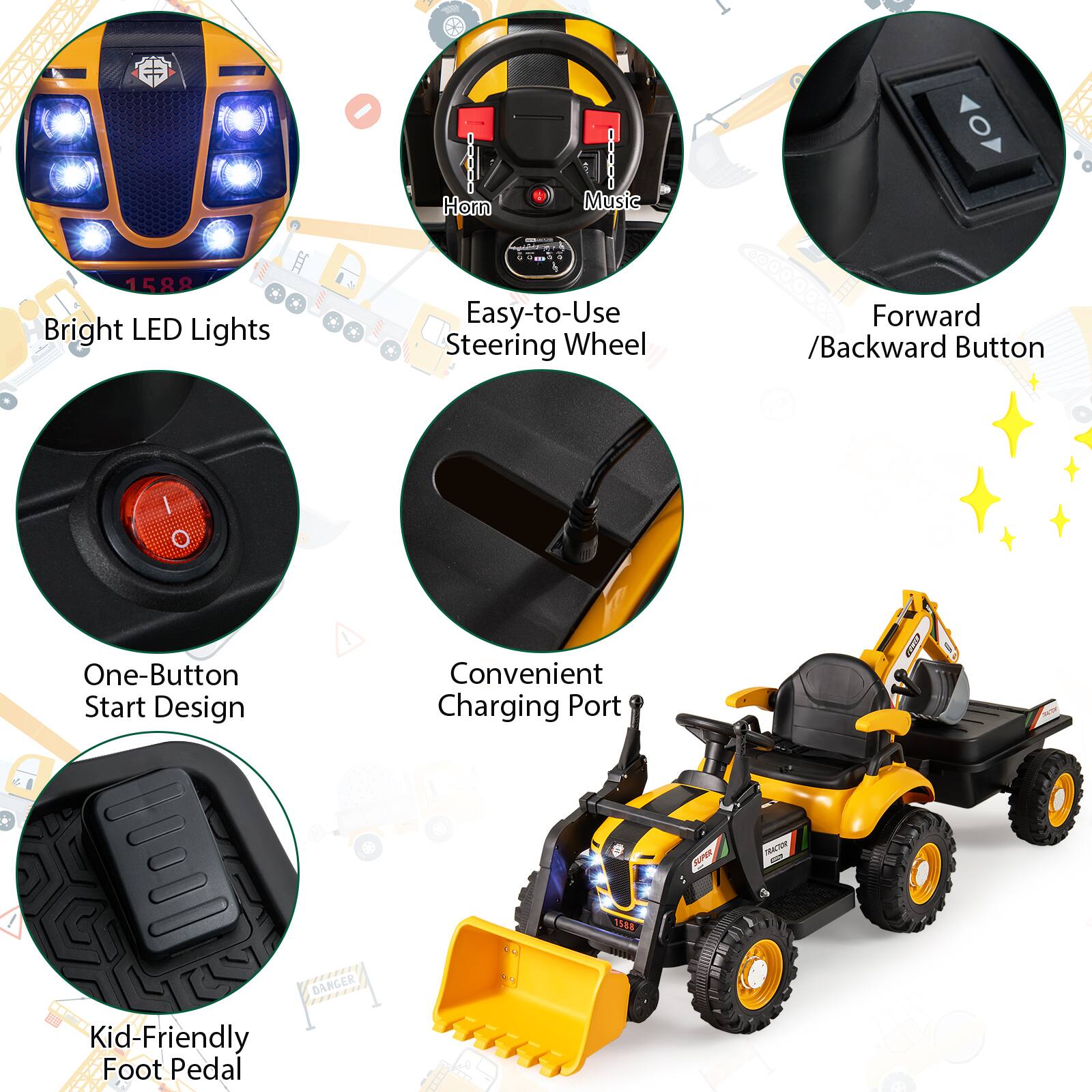 - Bright LED Lights
- Easy-to-Use Steering Wheel
- Forward / Backward Button
- One-Button Start Design
- Convenient Charging Port
- Kid-Friendly Foot Pedal