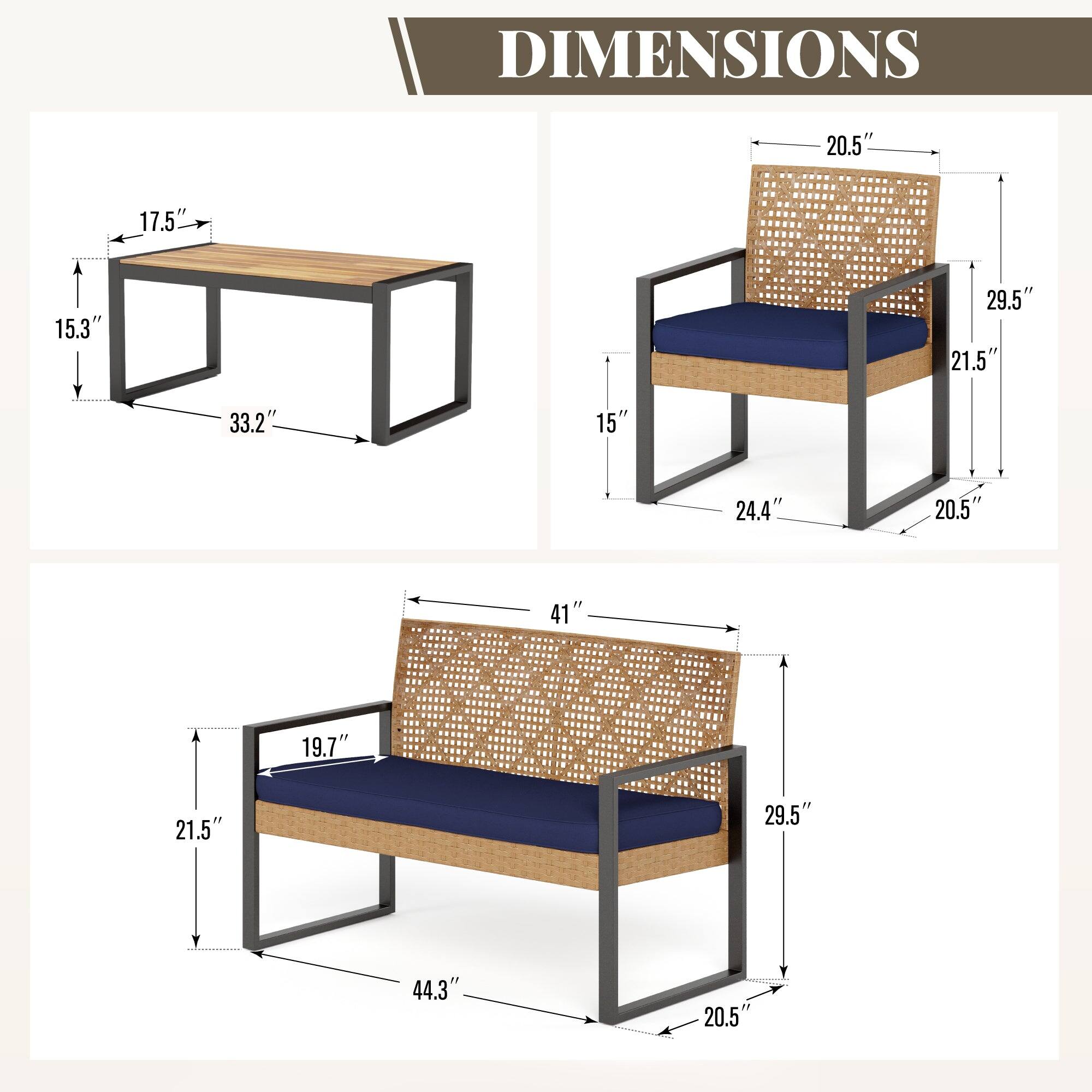 DIMENSIONS
- Table: 17.5" x 15.3" x 33.2"
- Chair: 20.5" x 21.5" x 29.5" x 24.4" x 15"
- Bench: 41" x 21.5" x 29.5" x 44.3" x 19.7"