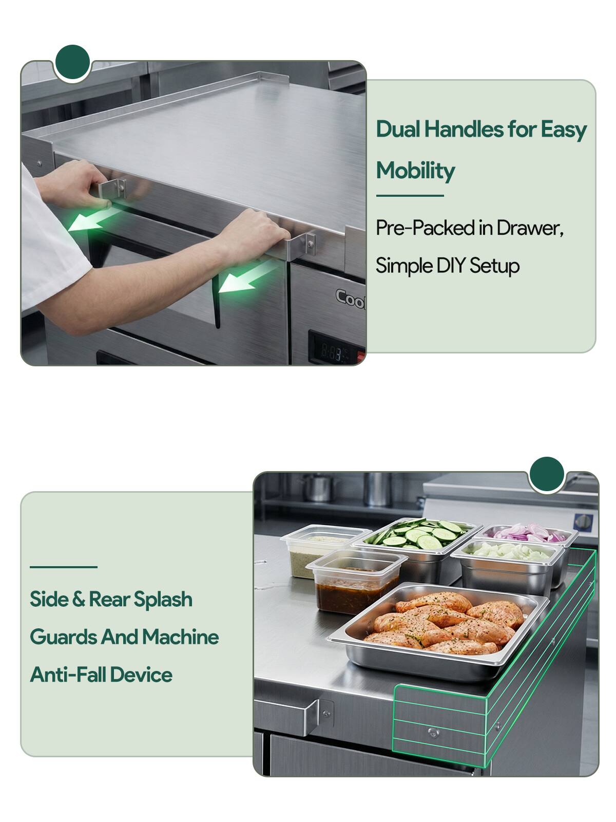 Dual Handles for Easy Mobility  
Pre-Packed in Drawer, Simple DIY Setup  

Cool B-83 Side & Rear Splash Guards And Machine Anti-Fall Device