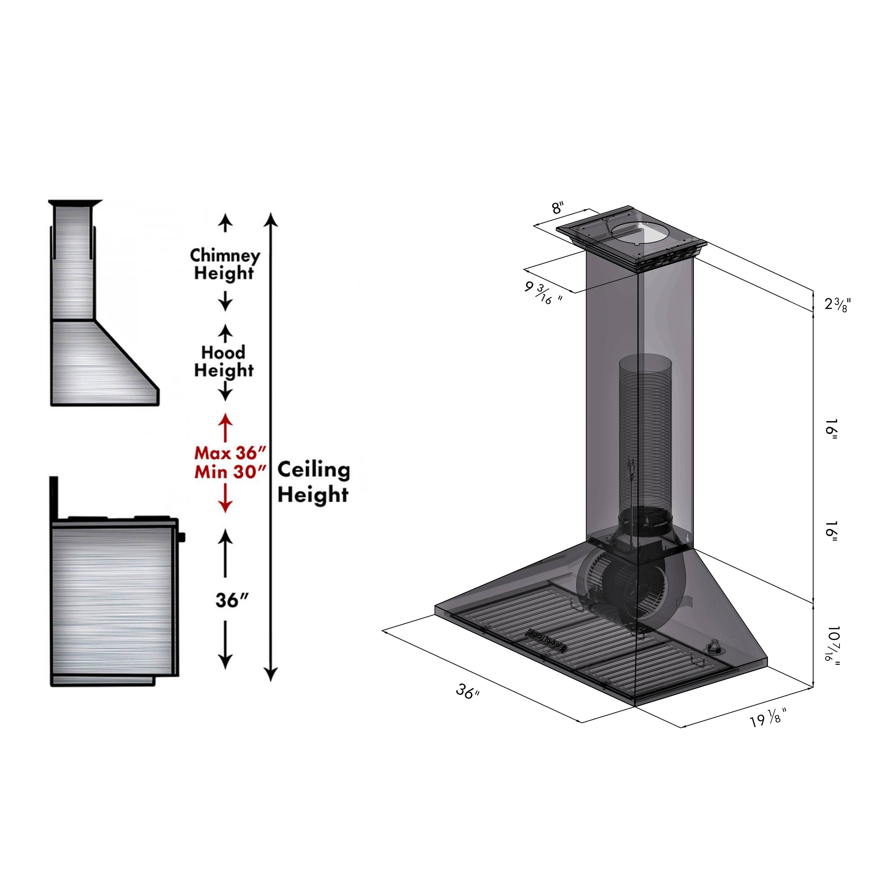 - Chimney Height: 9 3/8"
- Hood Height: 23"
- Max Ceiling Height: 36"
- Min Ceiling Height: 30"
- Width: 19 1/8"
- Depth: 10 7/8"