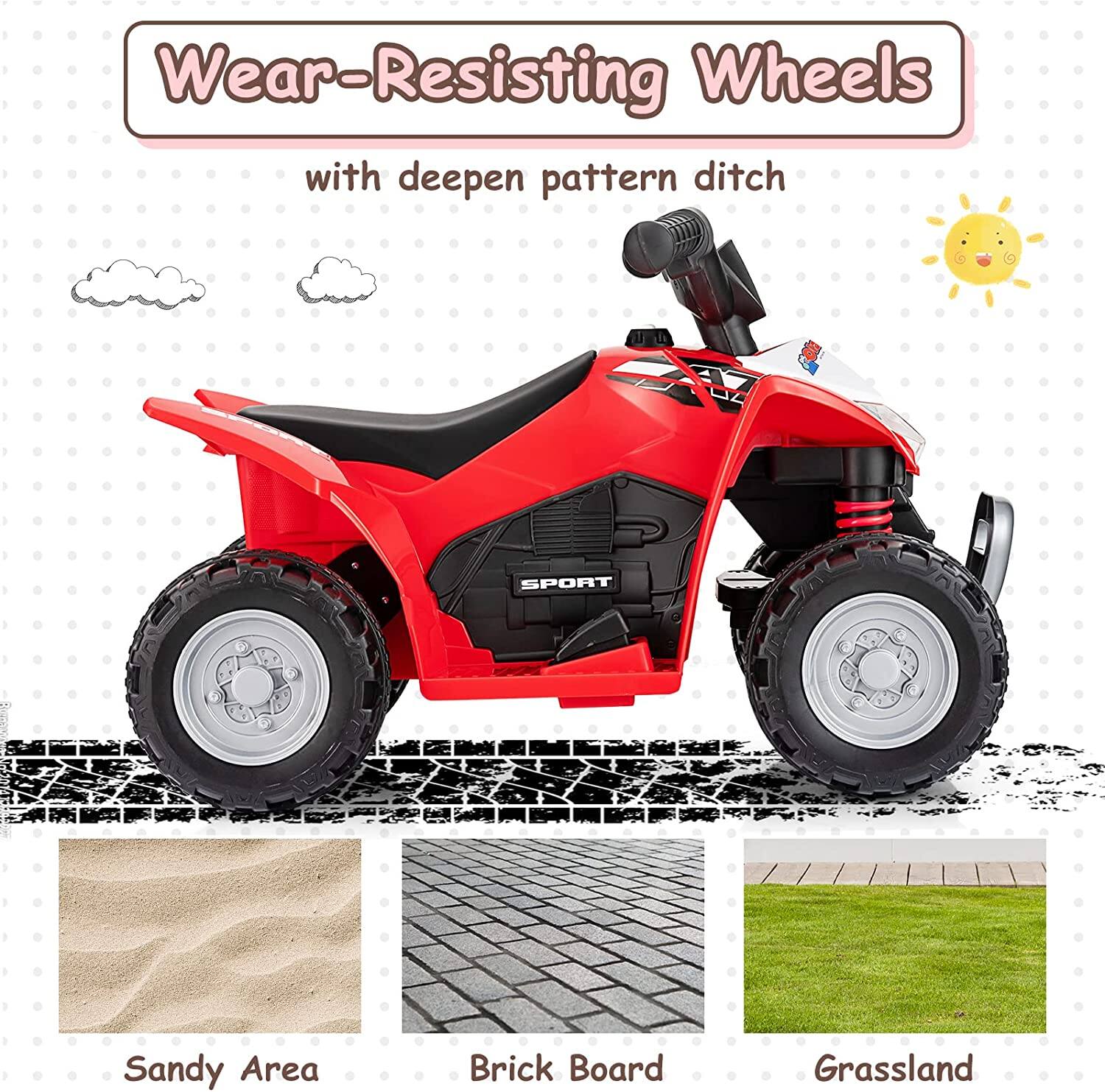 Wear-Resisting Wheels  
with deepen pattern ditch  

Sandy Area  
Brick Board  
Grassland