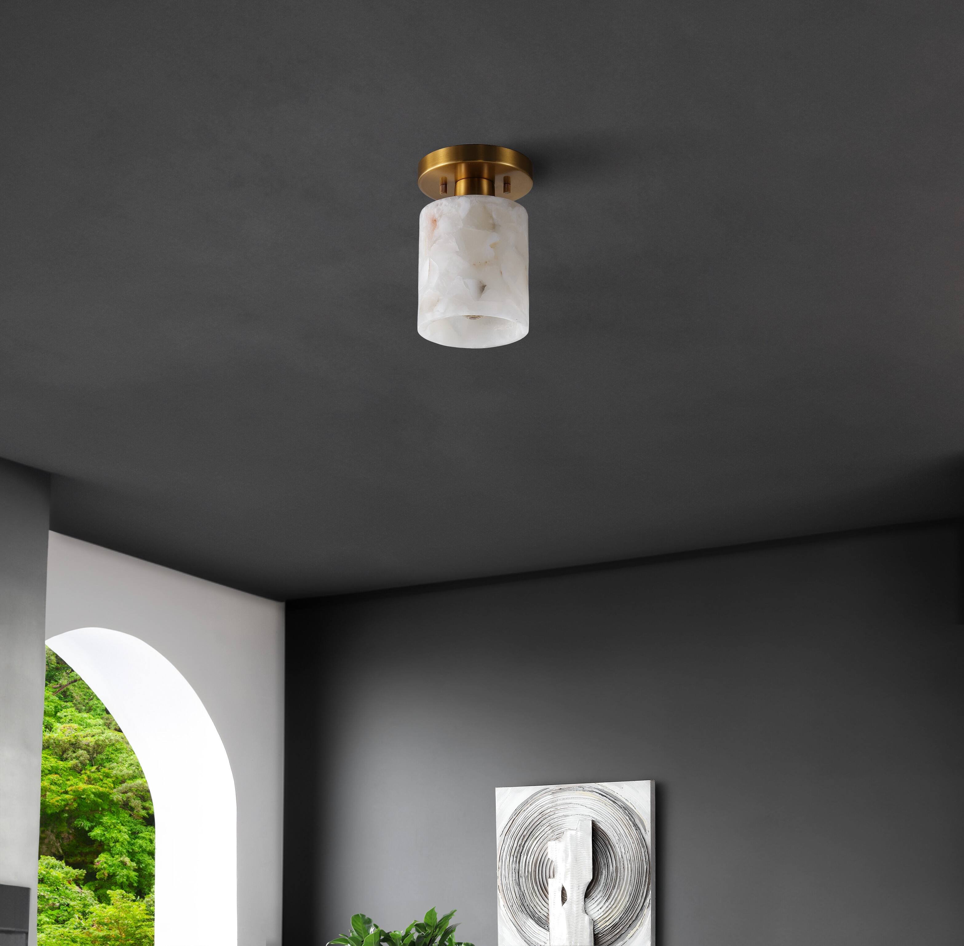 Alt View 5. Jonathan Y - Jules 5.13" 1-Light Modern Contemporary Alabaster/Iron Cylinder LED Semi Flush Mount, White Marbling/Brass Gold - White Marbling/Brass Gold.