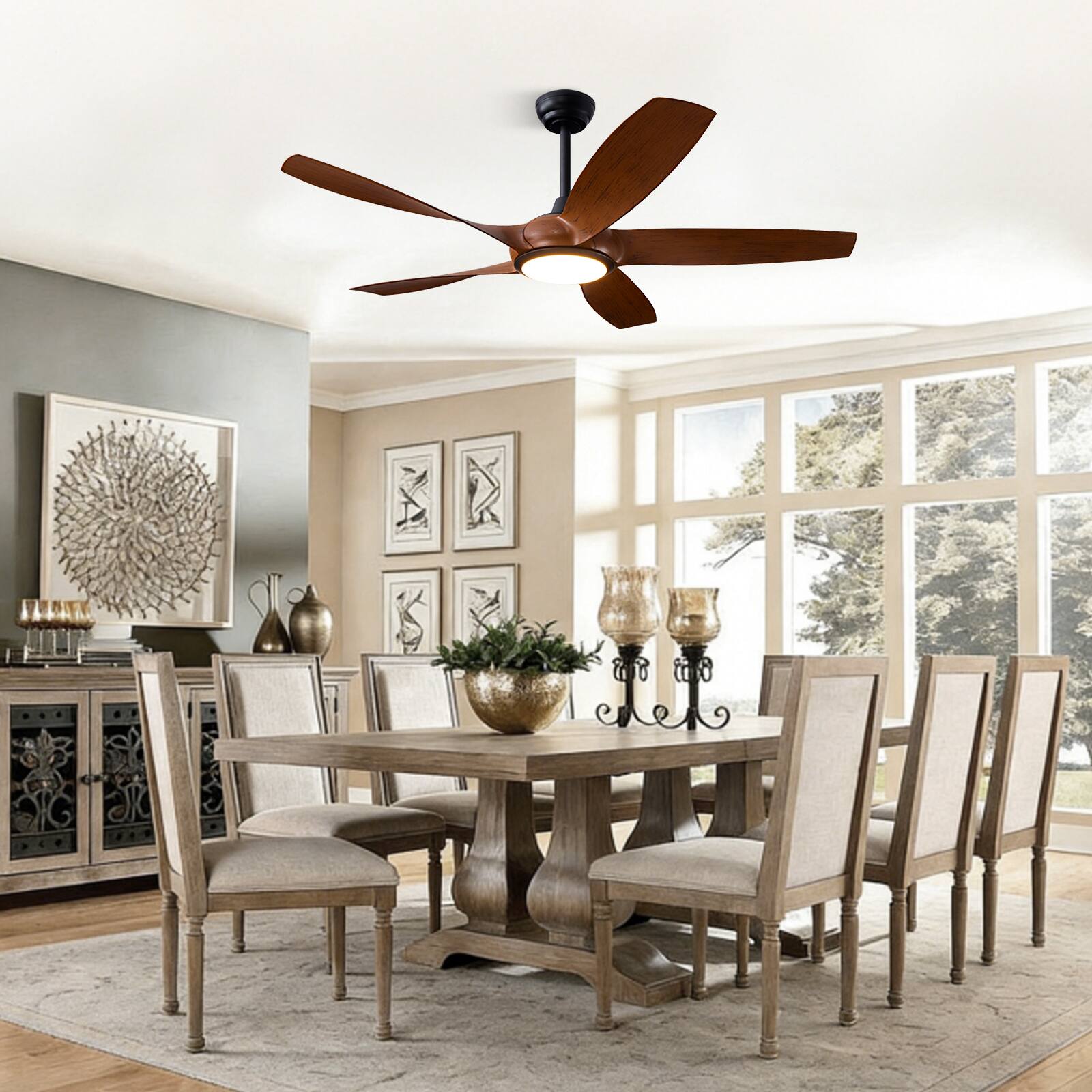 Angle. Siljoy - 54-inch Dark Brown Wood Grain Ceiling Fan with Light & Remote 5-Blade Modern Indoor Fan - Brown.