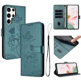 Dteck - Shockproof Wallet Case for Samsung Galaxy S25 Ultra with Detachable Wrist Strap, Protective PU Leather Folio Stand Cover - Darkgreen
