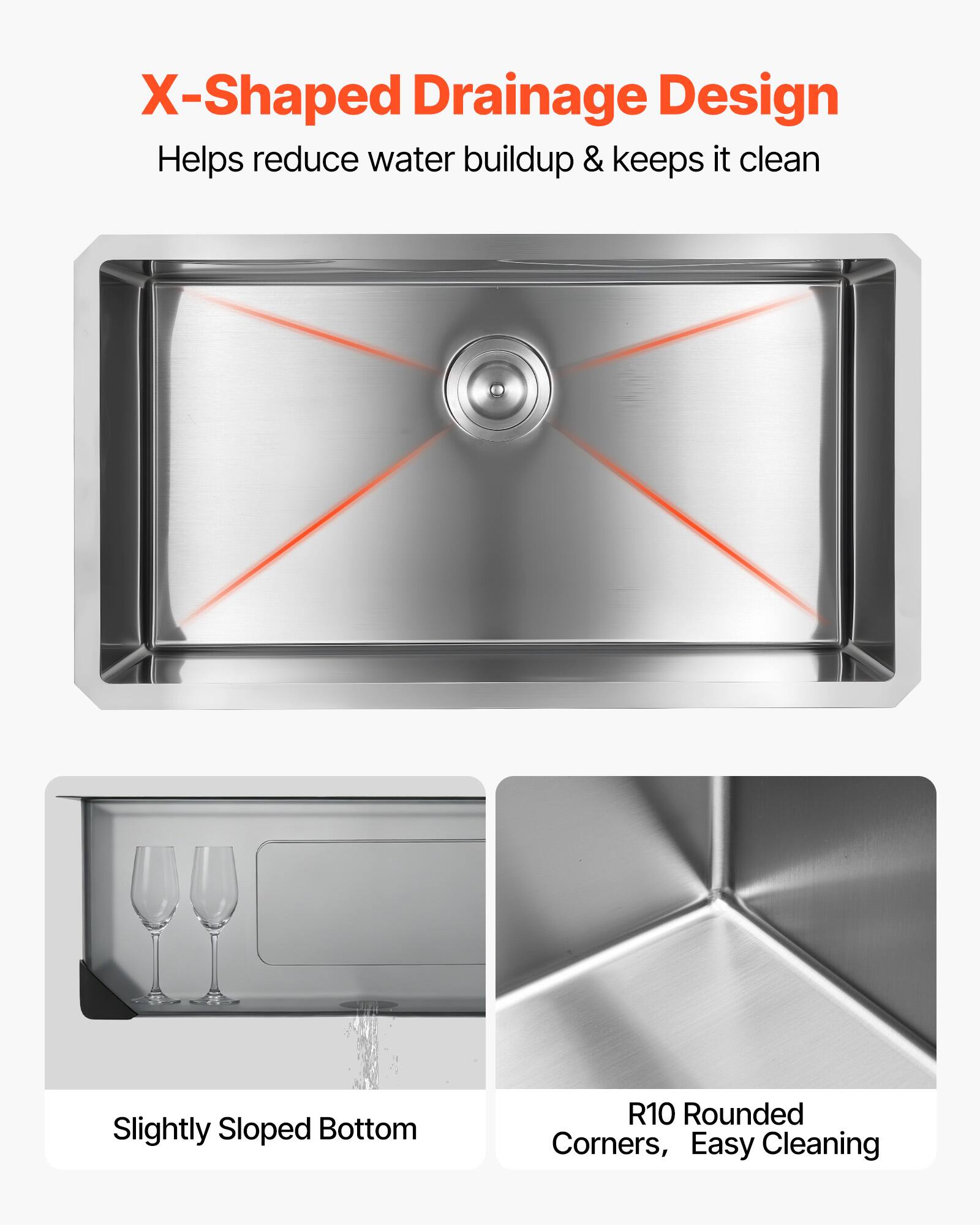 X-Shaped Drainage Design Helps reduce water buildup & keeps it clean  
Slightly Sloped Bottom  
R10 Rounded Corners, Easy Cleaning