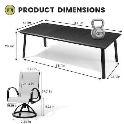 PRODUCT DIMENSIONS

- Table: 41.7in x 93.9in
- Weight: <30lbs
- Chair: 29.7in x 19.29in x 36.0in
- Other dimensions: 22.04in, 37.01in, 19.29in, 16.73in, 21.65in