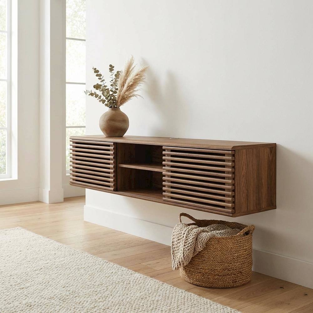 Left. FurniFact - Brown wood wall-mounted media console with sleek design and sturdy construction - Brown.