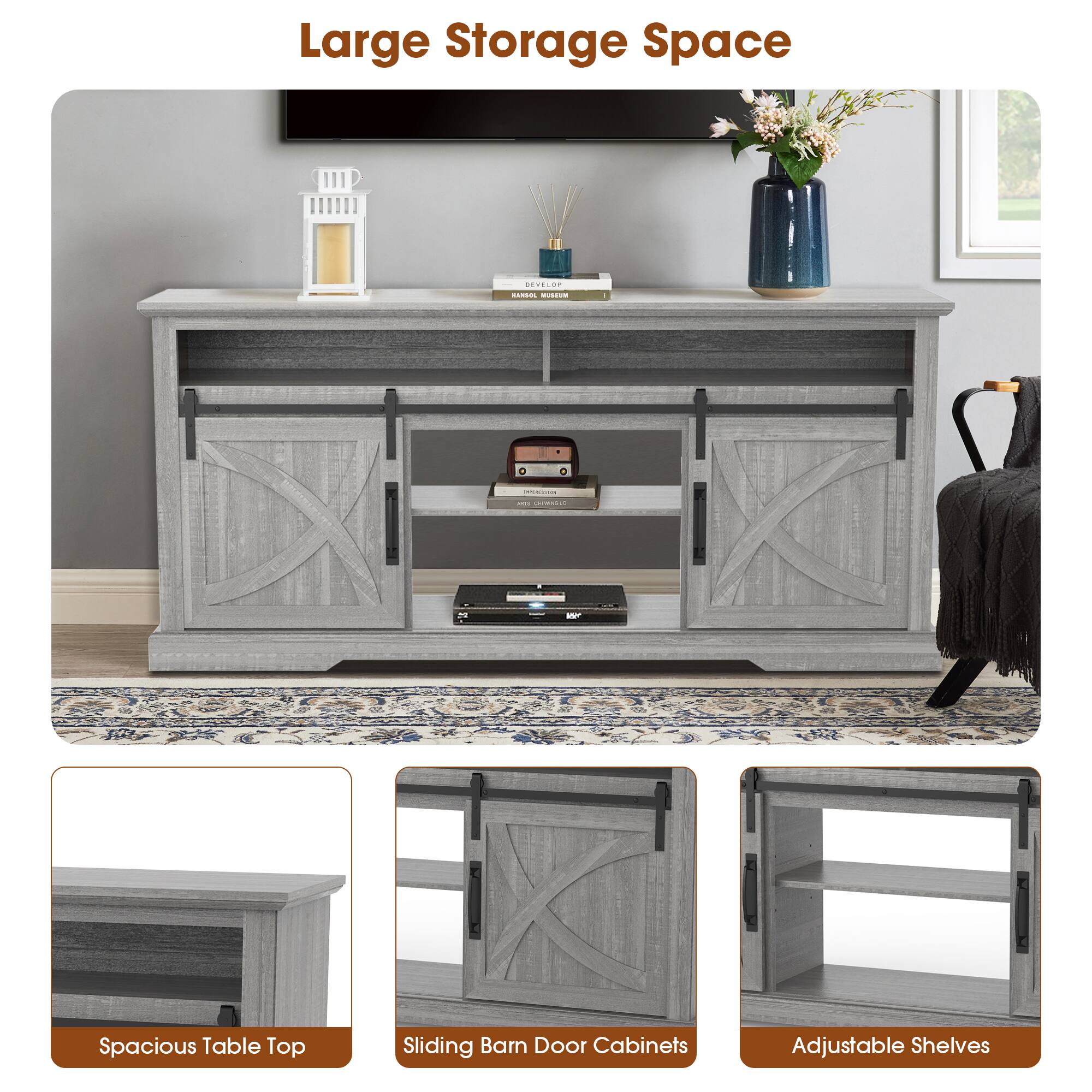 Large Storage Space

- Spacious Table Top
- Sliding Barn Door Cabinets
- Adjustable Shelves