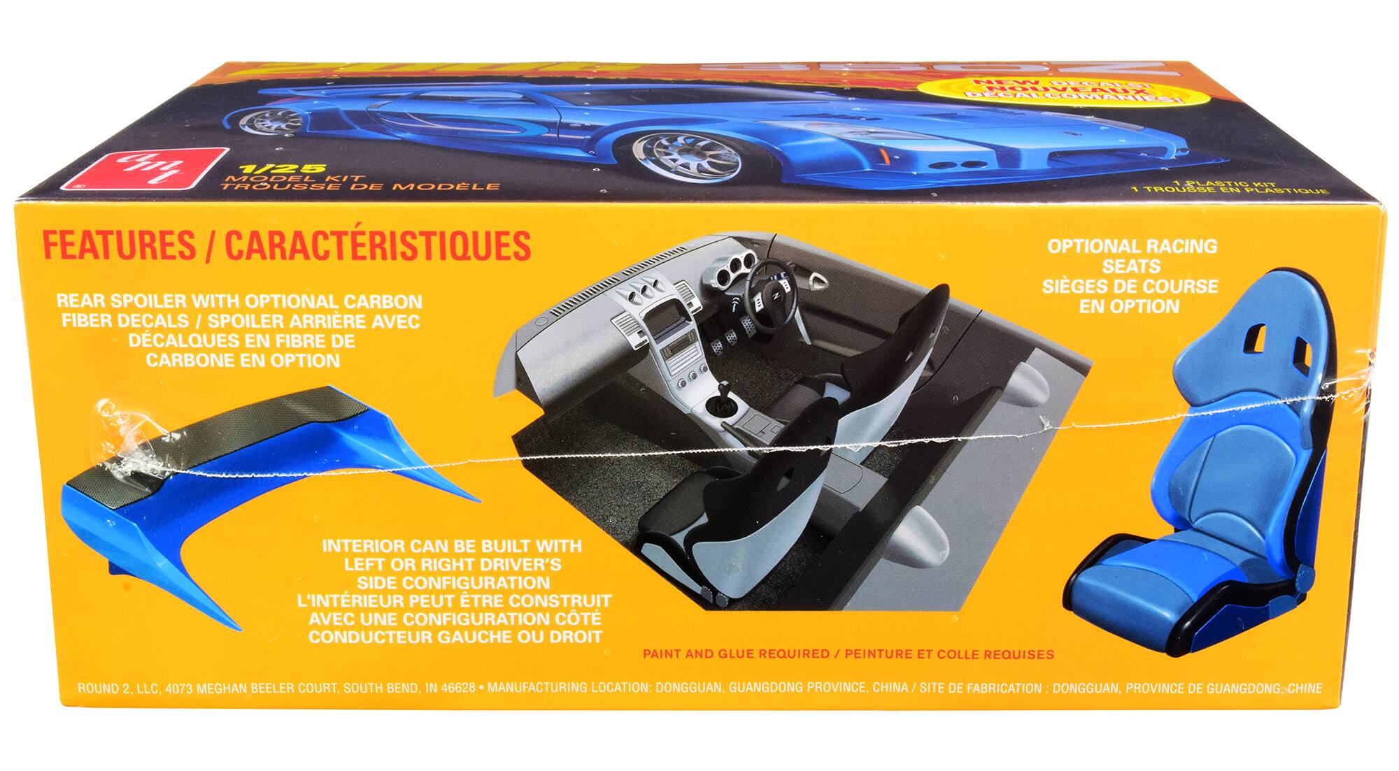 Sure, here is the corrected and grouped text from the image:

---

**bry TROUSIE MODEL 1/25 KIT DE MODELE**

**FEATURES / CARACTÉRISTIQUES**

- REAR SPOILER WITH OPTIONAL CARBON FIBER DECALS / SPOILER ARRIÈRE AVEC DÉCALQUES EN FIBRE DE CARBONE EN OPTION
- INTERIOR CAN BE BUILT WITH LEFT OR RIGHT DRIVER'S SIDE CONFIGURATION / L'INTÉRIEUR PEUT ÊTRE CONSTRUIT AVEC UNE CONFIGURATION À CONDUCTEUR GAUCHE OU DROIT
- OPTIONAL RACING SEATS / SIÈGES DE COURSE EN OPTION

**PAINT AND GLUE REQUIRED / PEINTURE ET COLLE REQUISES**

**ROUND 2, LLC. 4073 MEGHAN BEELER COURT, SOUTH BEND, IN 46628**

**MANUFACTURING LOCATION: DONGGUAN, GUANGDONG PROVINCE, CHINA / SITE DE FABRICATION: DONGGUAN, PROVINCE DE GUANGDONG, CHINE**

---