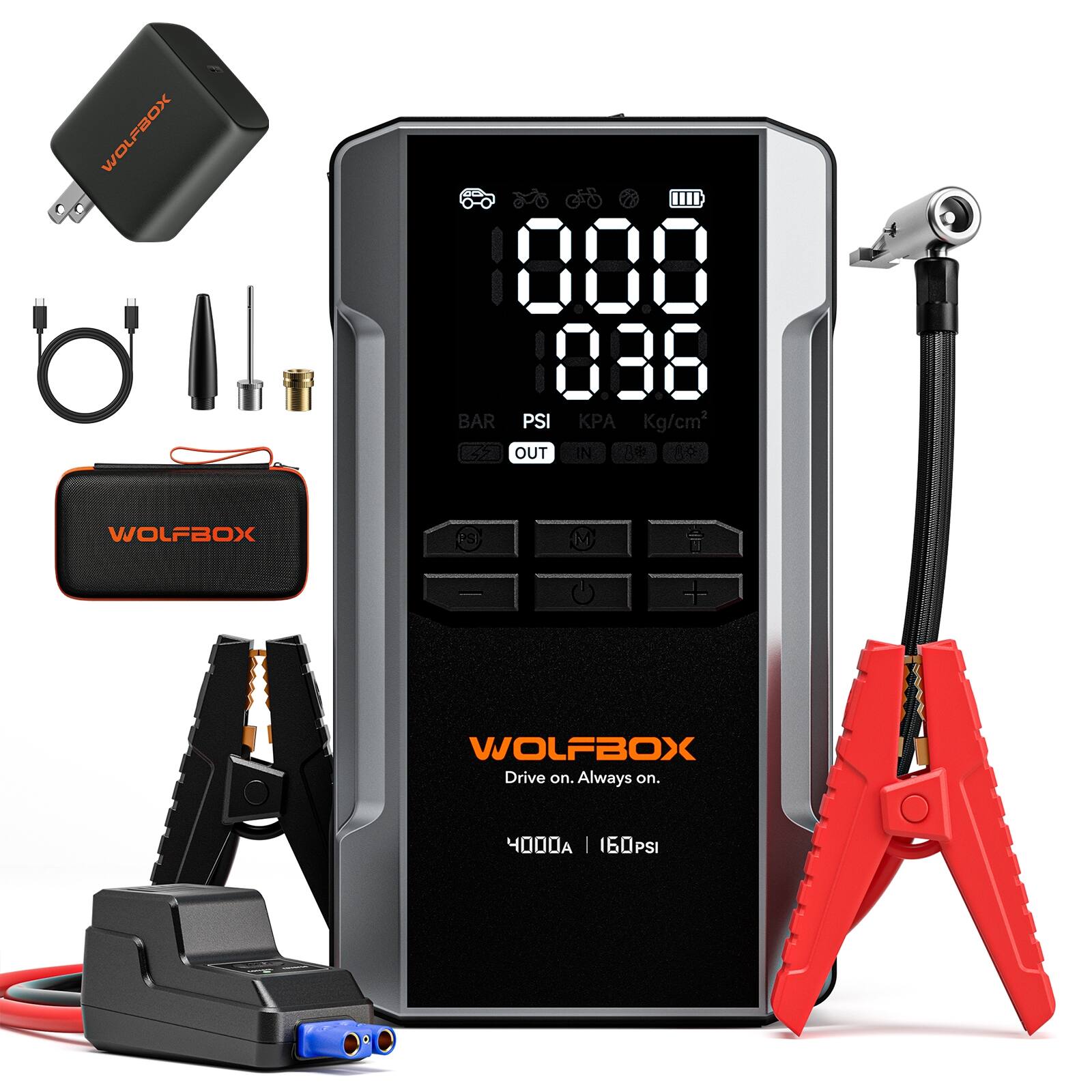 WOLFBOX  
BAR PSI OUT  
Kg/cm² N  
WOLFBOX  
|  
+  
WOLFBOX  
Drive on. Always on.  
4000A | 160PSI