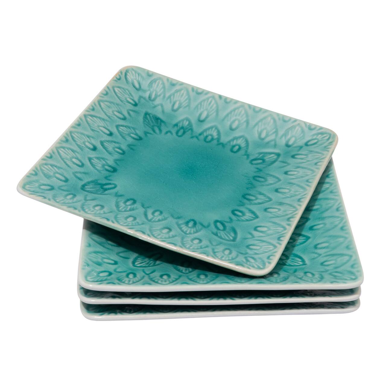 Angle. Euro Ceramica Home - Peacock 4-Piece Stoneware Square Appetizer Plates Set -- Lagoon - Lagoon.