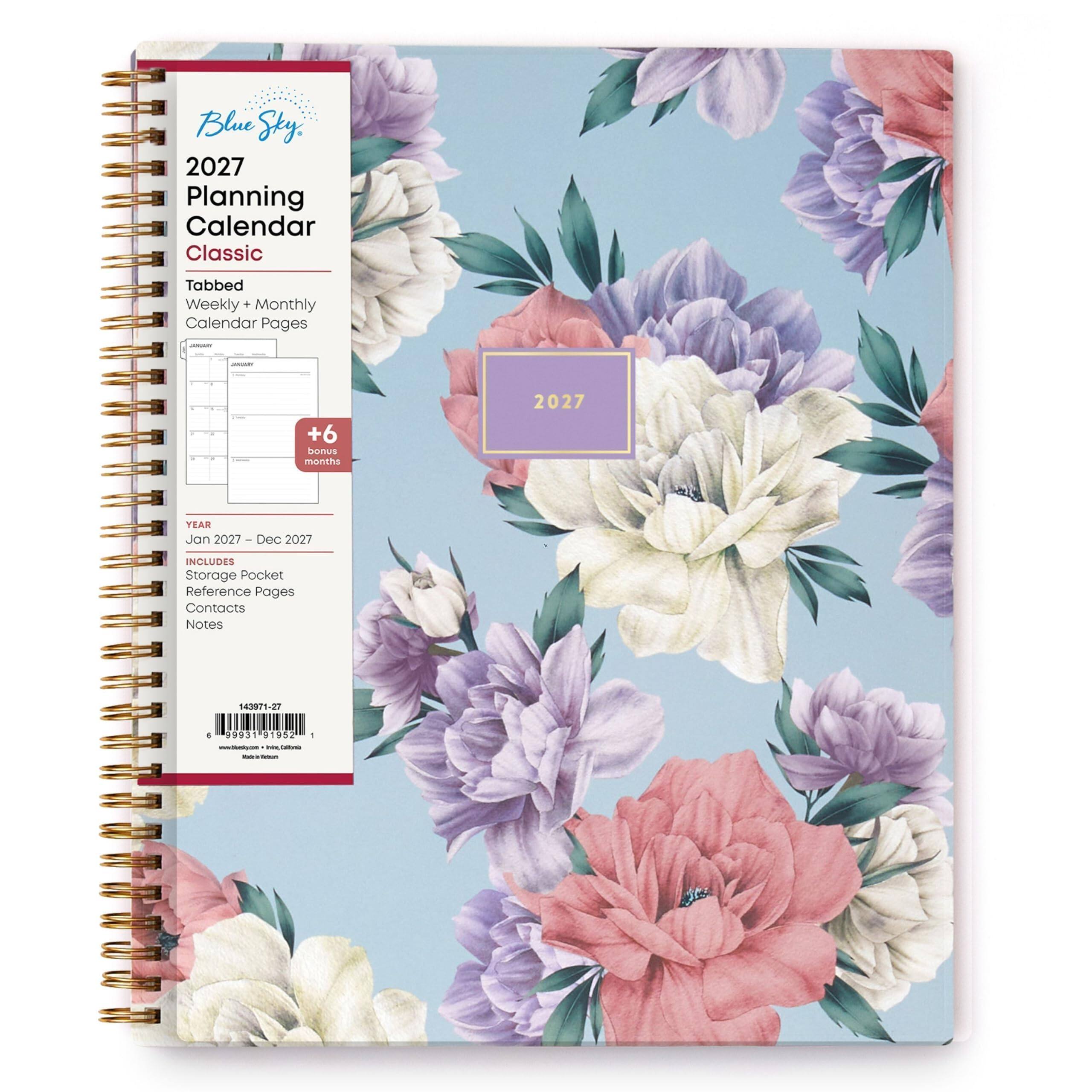 Blue Sky 2027 Planning Calendar Classic  
Tabbed Weekly + Monthly Calendar Pages  

+6 bonus months  
2027  
YEAR Jan 2027 - Dec 2027  
INCLUDES Storage Pocket Reference Pages Contacts Notes  
143971-27  
6 99931 91952 www.bookyourfuture.com