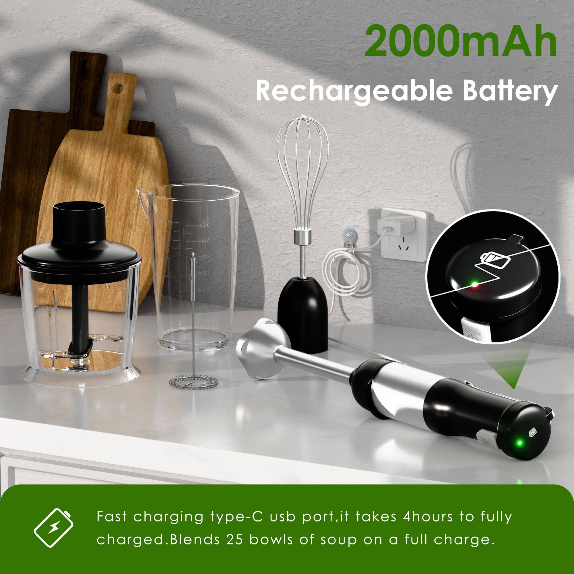 2000mAh Rechargeable Battery

Fast charging type-C USB port, it takes 4 hours to fully charged. Blends 25 bowls of soup on a full charge.