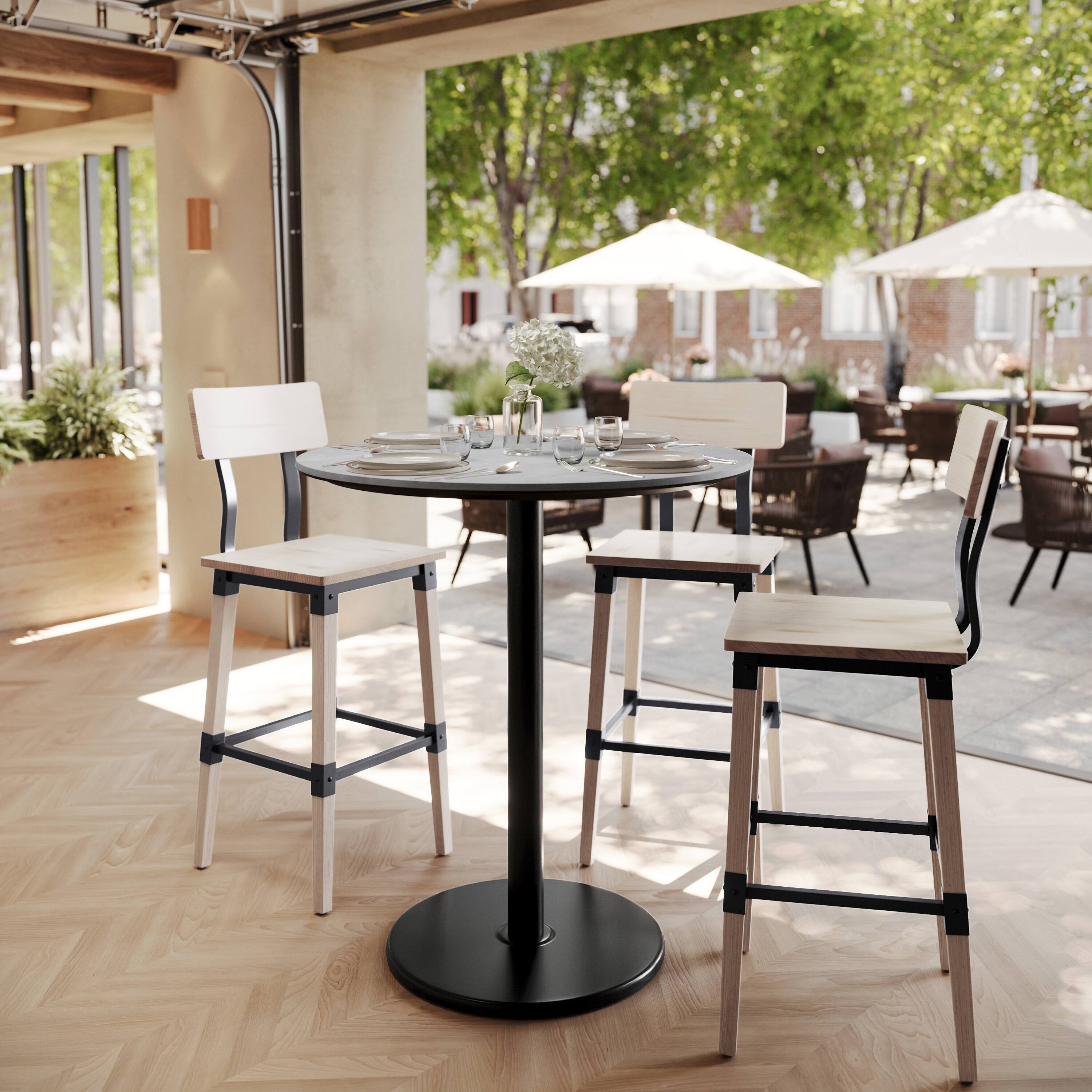 Alt View 1. Emma + Oliver - PureShield Tabletop with Seam-Free Surface Innovation and Bar Height Round Base - Gray Faux Concrete/Black Base.
