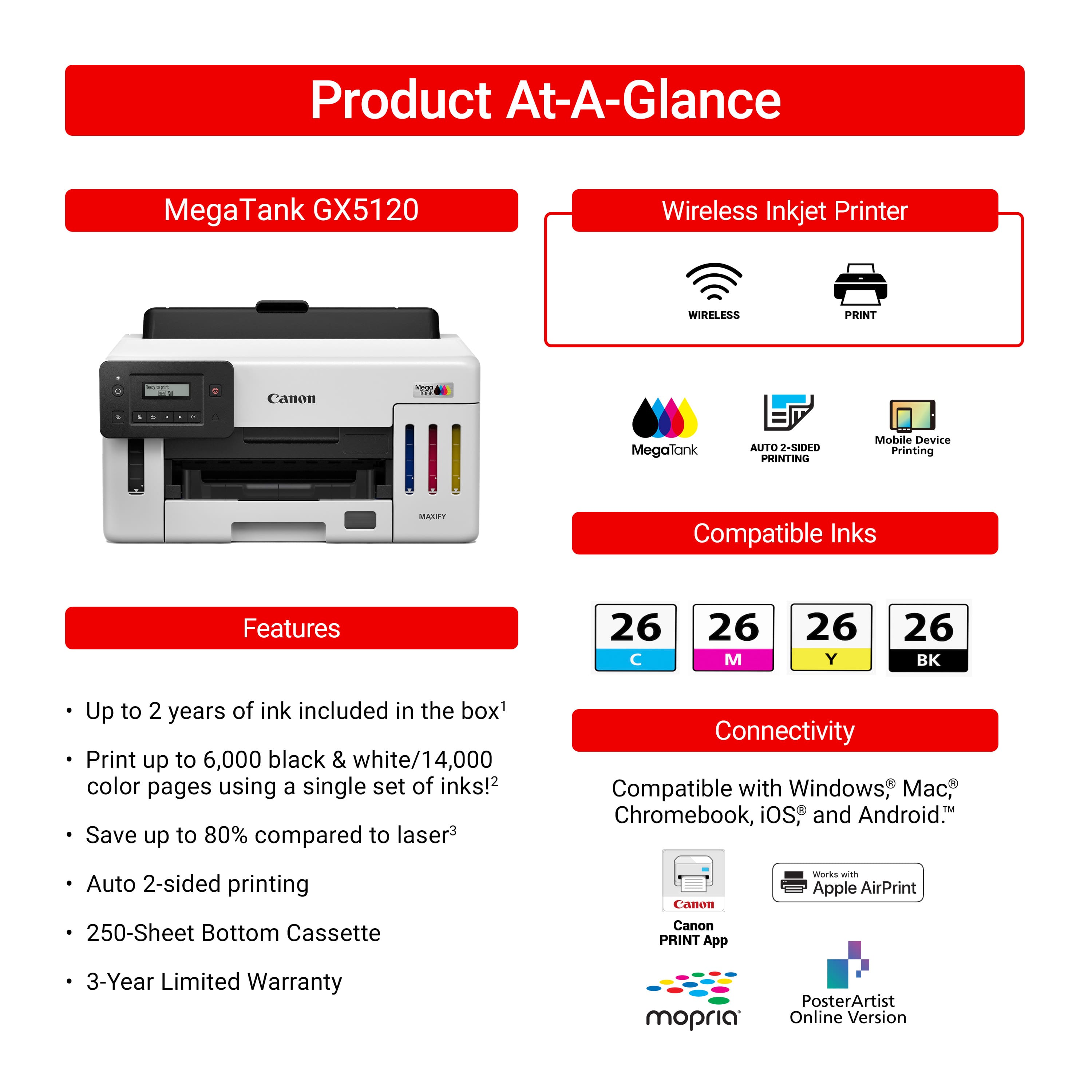 Product At-A-Glance: MegaTank GX5120 Wireless Inkjet Printer
Features:
- Wireless Printing
- Canon MegaTank
- Auto 2-sided Printing
- Mobile Device Printing
- MAET Compatible Inks
- Up to 2 years of ink included in the box
- Print up to 6,000 black & white/14,000 color pages using a single set of inks
- Save up to 80% compared to laser
- Compatible with Windows, Mac, Chromebook, iOS, and Android
- Auto 2-sided printing
- Canon Works with Apple AirPrint
- 250-Sheet Bottom Cassette
- Canon PRINT App
- 3-Year Limited Warranty
- mopria PosterArtist Online Version