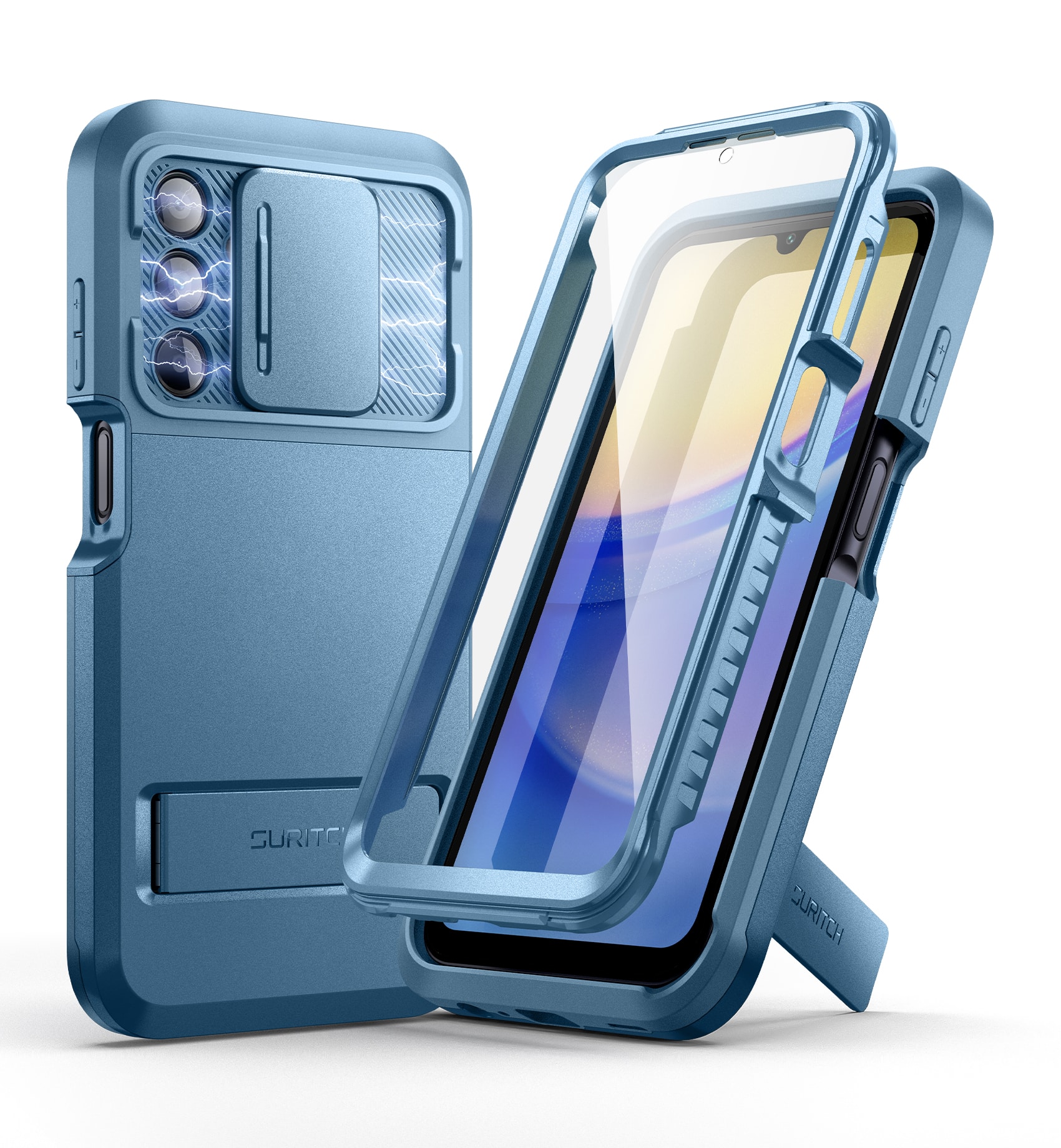 SURITCH - Case for Samsung Galaxy A15 with Magnetic Camera Cover, Screen Protector, Rugged Full-Body Shockproof Protective Cover - Blue