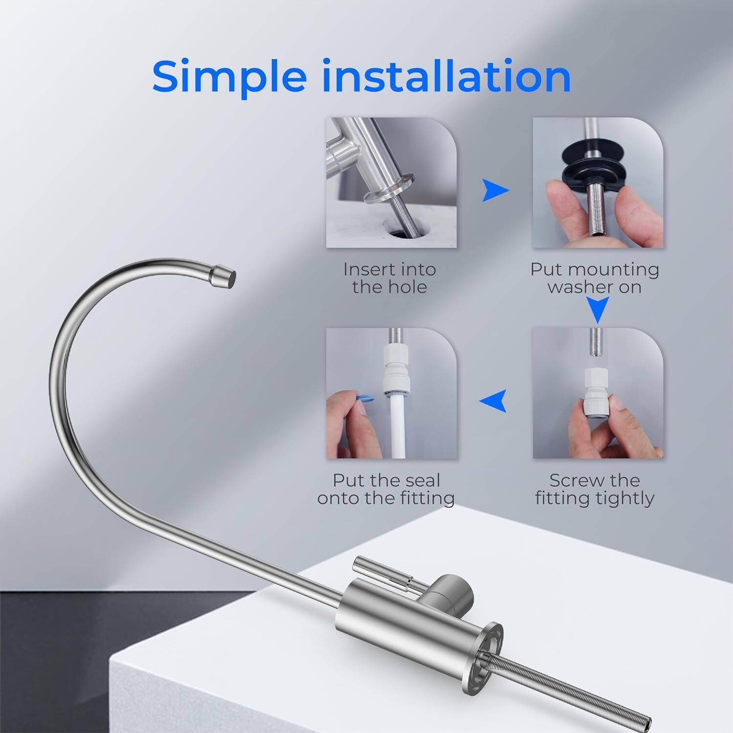 Simple installation

1. Insert into the hole
2. Put mounting washer on
3. Put the seal onto the fitting
4. Screw the fitting tightly