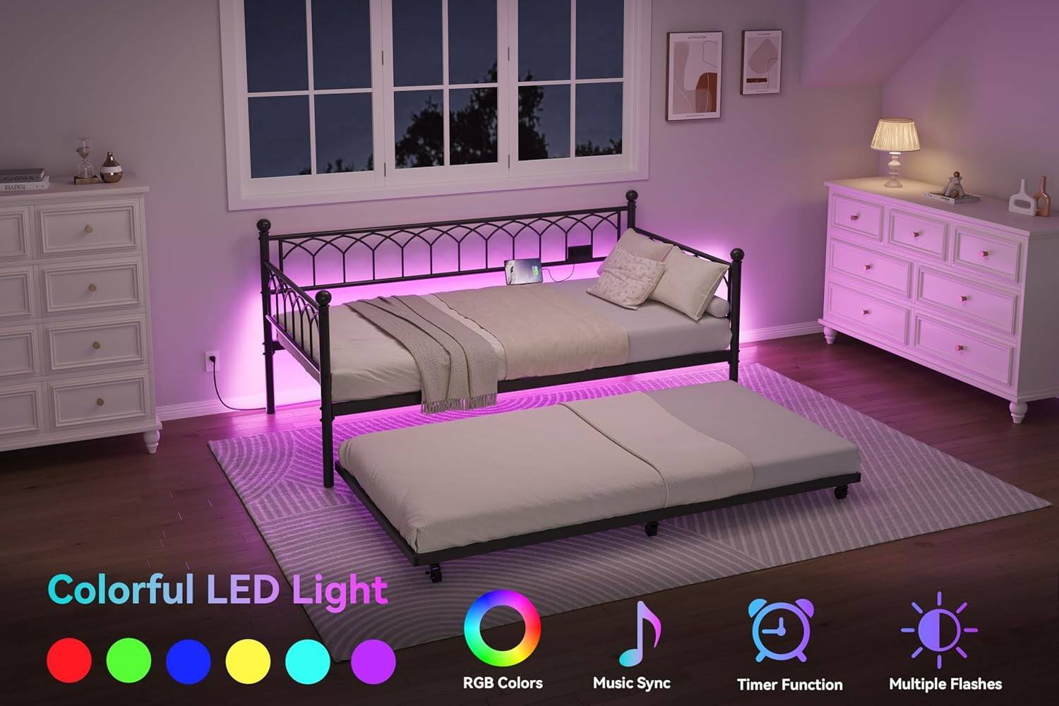 Colorful LED Light  
RGB Colors  
Music Sync  
Timer Function  
Multiple Flashes