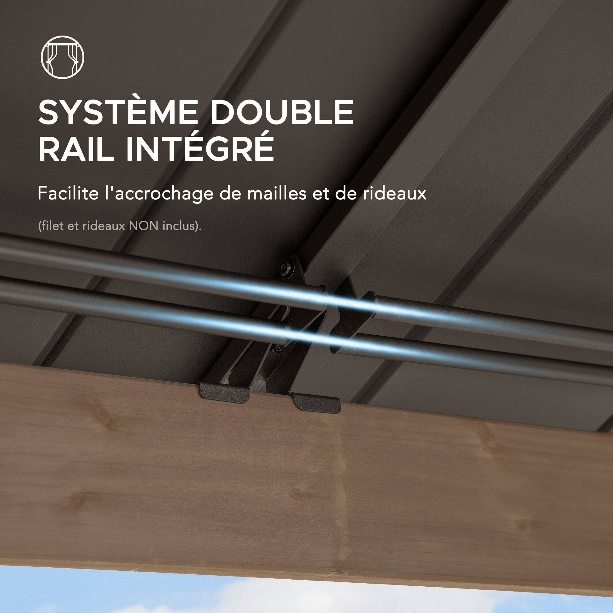 SYSTÈME DOUBLE RAIL INTÉGRÉ  
Facilite l'accrochage de mailles et de rideaux  
(filet et rideaux NON inclus).