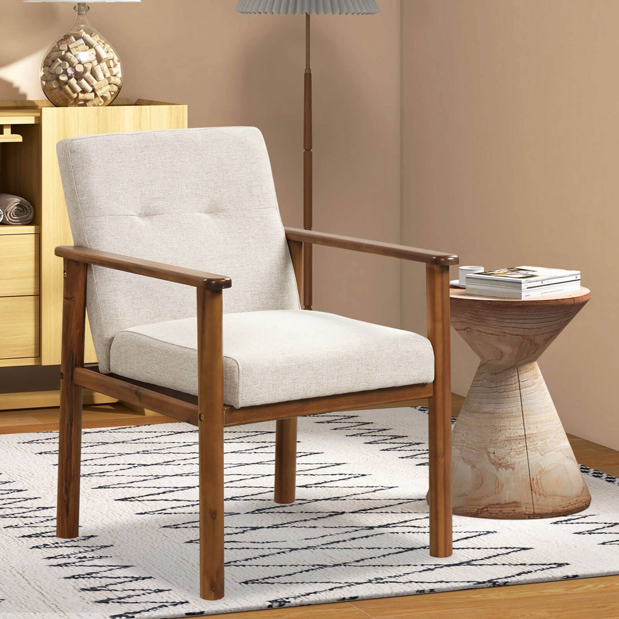 Angle. Costway - 2 PCS Modern Accent Chair Upholstered Linen Fabric Armchair with Solid Wood Legs - Beige.