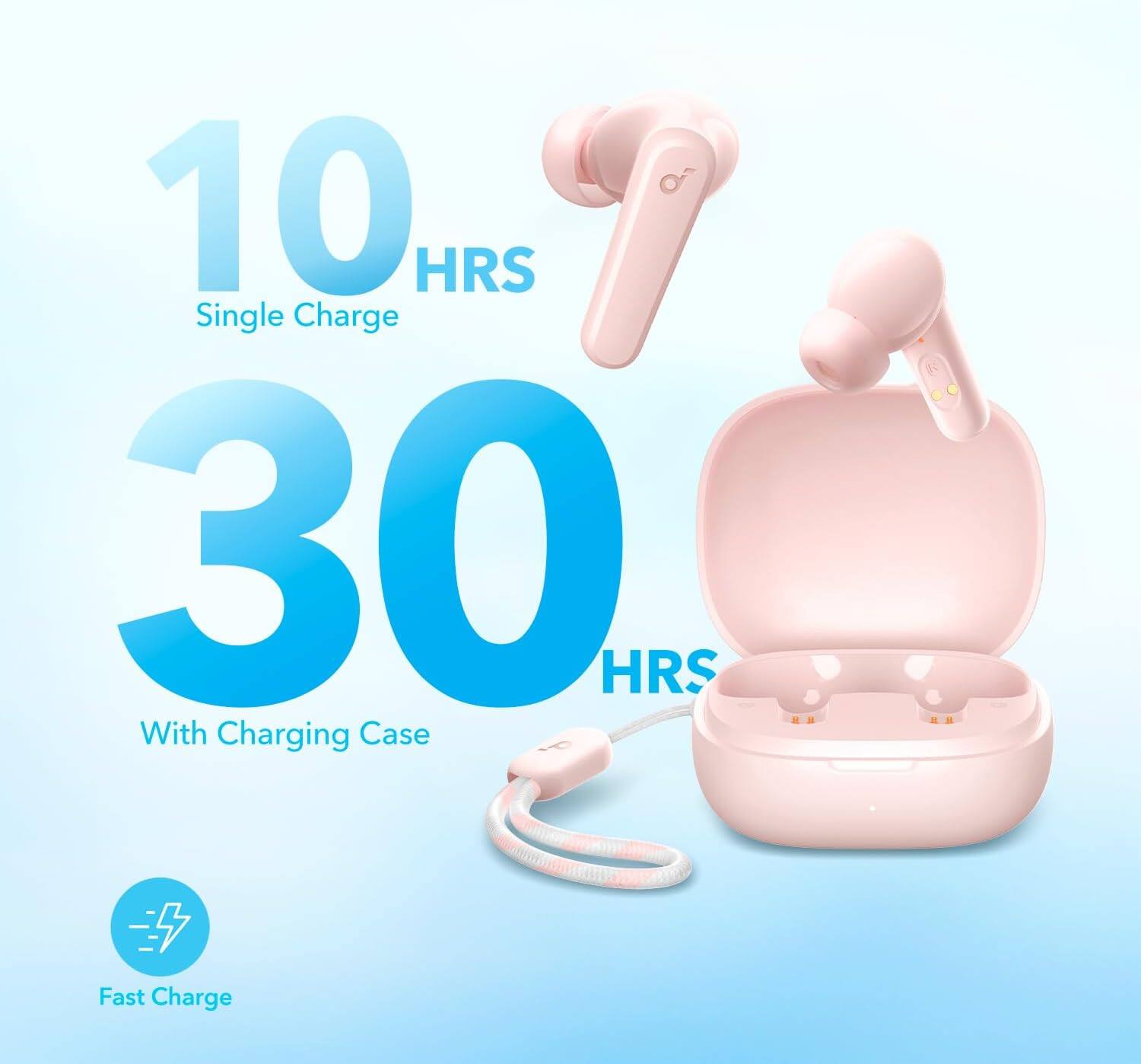 10 HRS Single Charge  
30 HRS With Charging Case  
Fast Charge