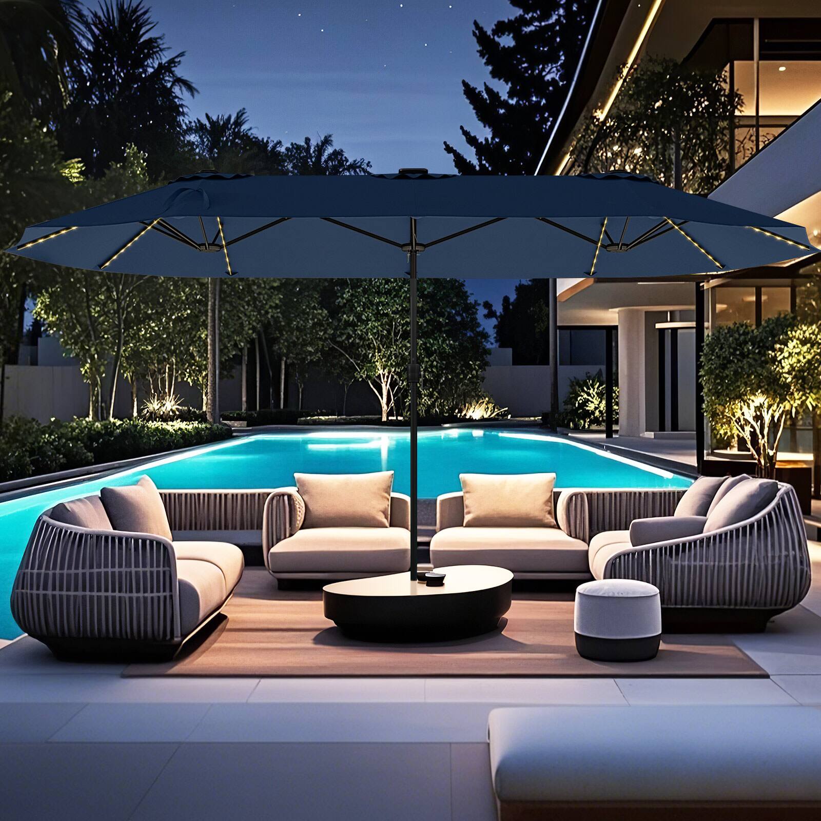 Alt View 3. Gymax - Gymax 15.5 FT Double-sided Patio Umbrella w/ Solar Lights Outdoor Twin Size Umbrella Navy - Navy.