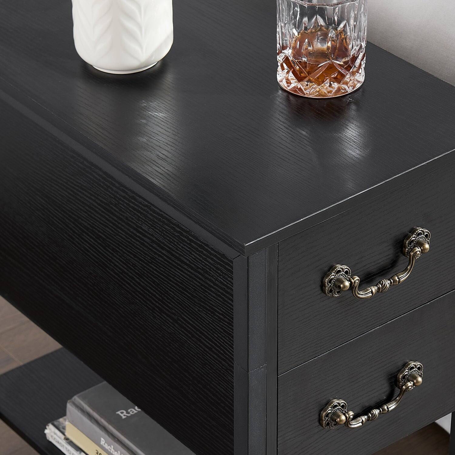 Left. Vecelo - Set of 2 Industrial Nightstand with 2 Drawers-Narrow End Table with Metal Frame, 11.8" Thin Side Table for Small Spaces - Black.