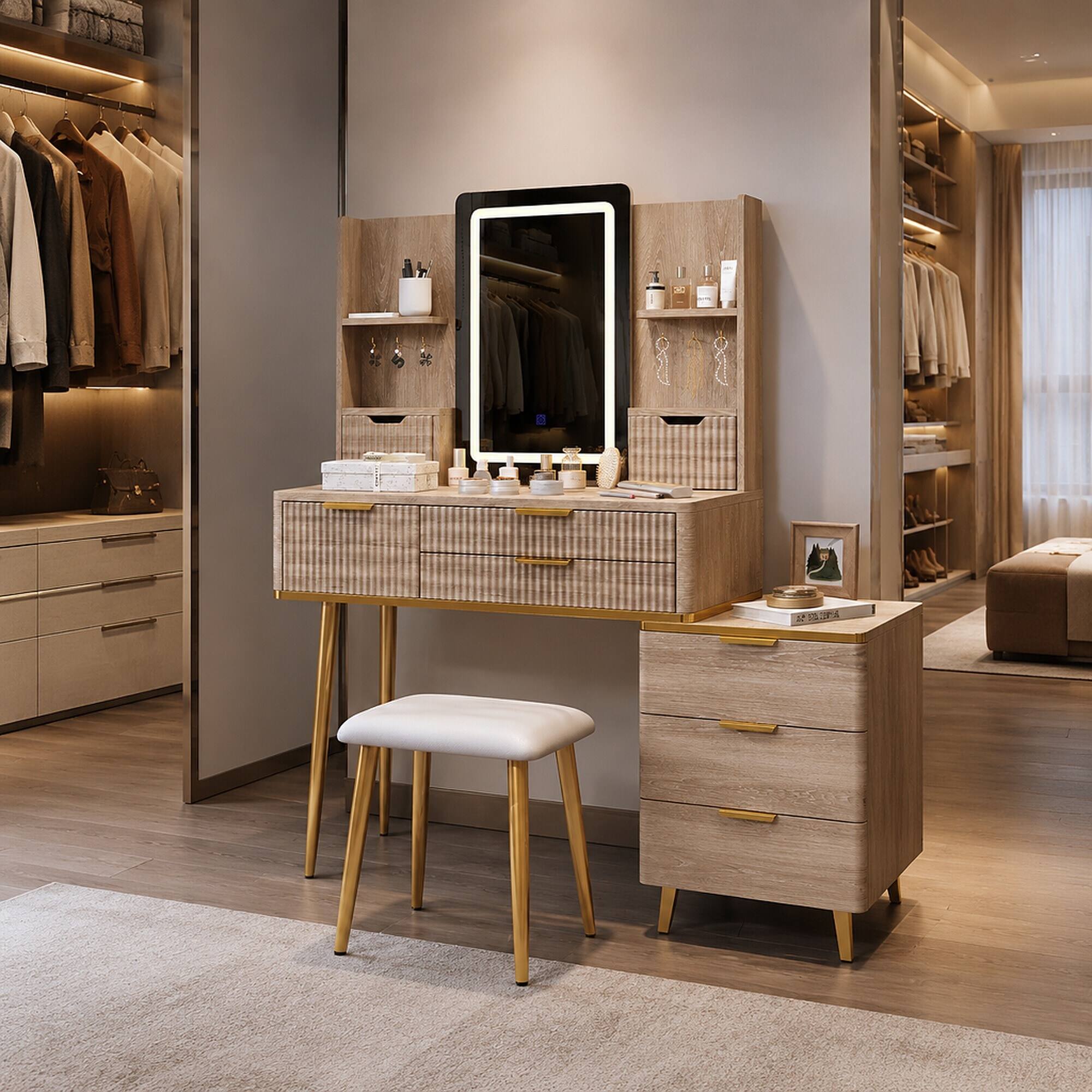 Left. RYHNUYNE - 7-Drawer Vanity Desk, LED Mirror, Fluted Panels, Metal Legs, PU Stool, Jewelry Storage - Yellow Brown.