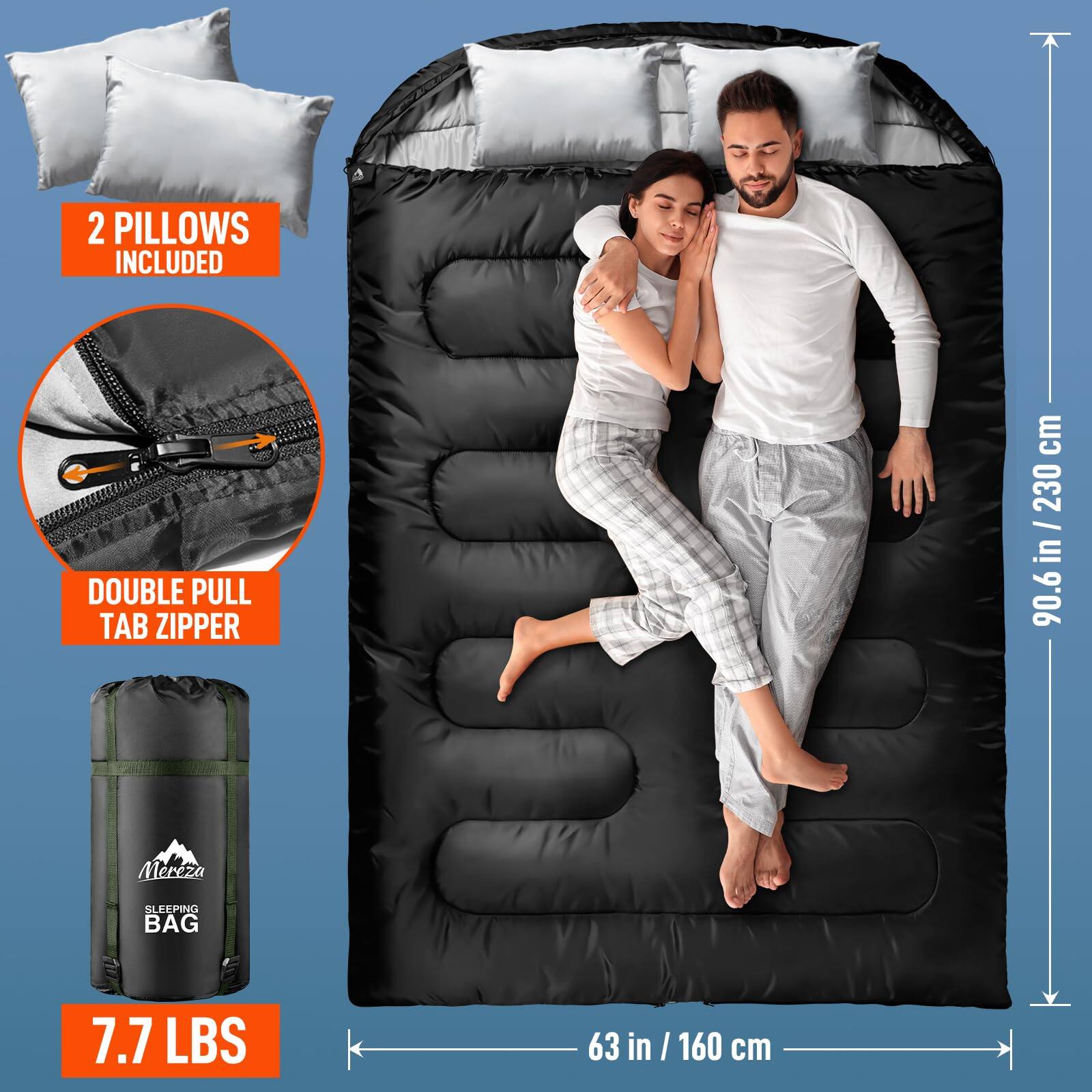 - 2 PILLOWS INCLUDED
- DOUBLE PULL TAB ZIPPER
- 7.7 LBS
- 63 in / 160 cm
- 90.6 in / 230 cm