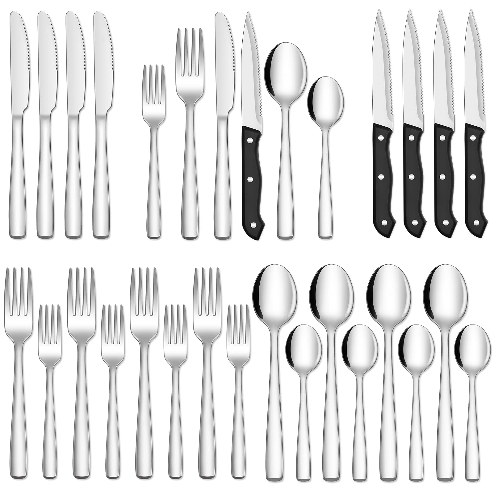 Dazzed Corner - 24 Pieces Stainless Steel Flatware Set with Steak Knives, Silverware Set Service for 4 - Silver