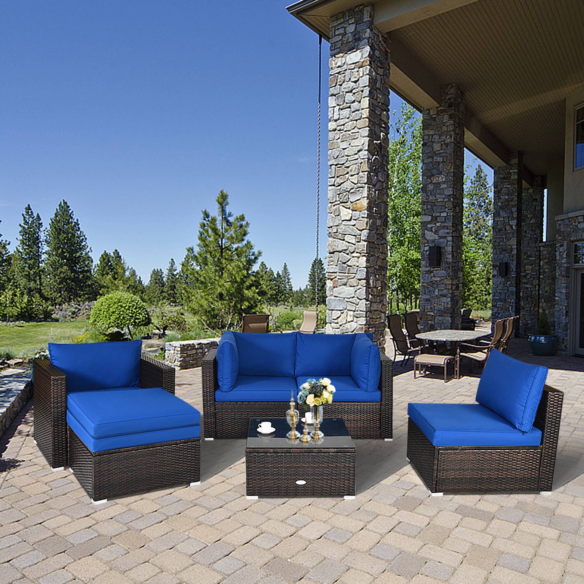 Alt View 3. Gymax - Gymax 6PCS Patio Conversation Set Rattan Sectional Furniture Set w/ Navy Cushion - Navy.