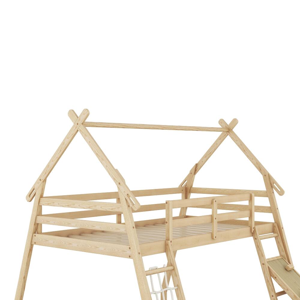 Alt View 4. Loheer - Loheer Twin Over Queen House Bunk Bed with Climbing Net Ramp Natural - Natural.